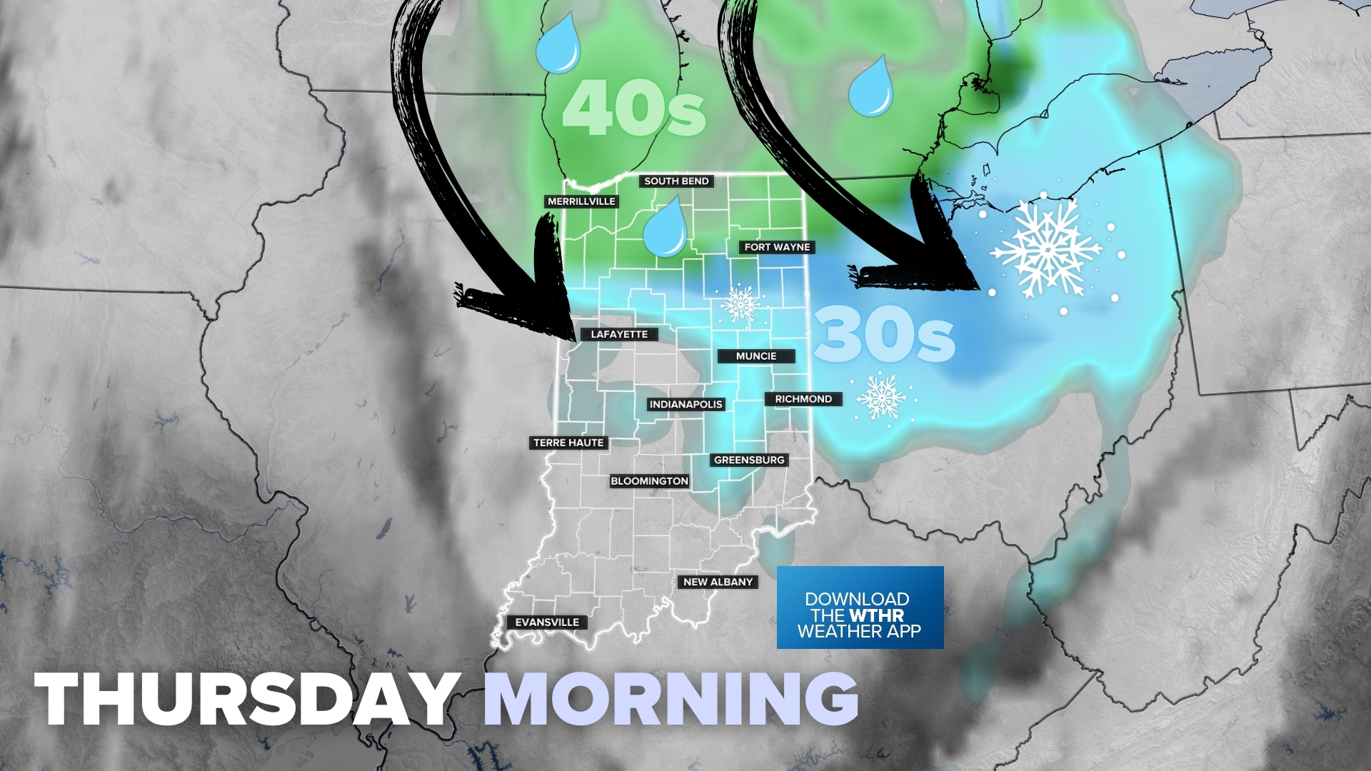 Two cold fronts are on the way toward Indiana this week. The first one will bring rain and a 20 degree temperature drop. The second will bring a rain and snow mix.