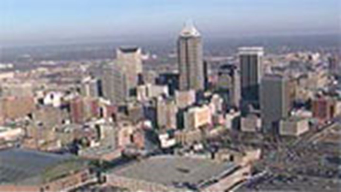 Aerial view of Indianapolis, Indiana, with a focus on Lucas Oil