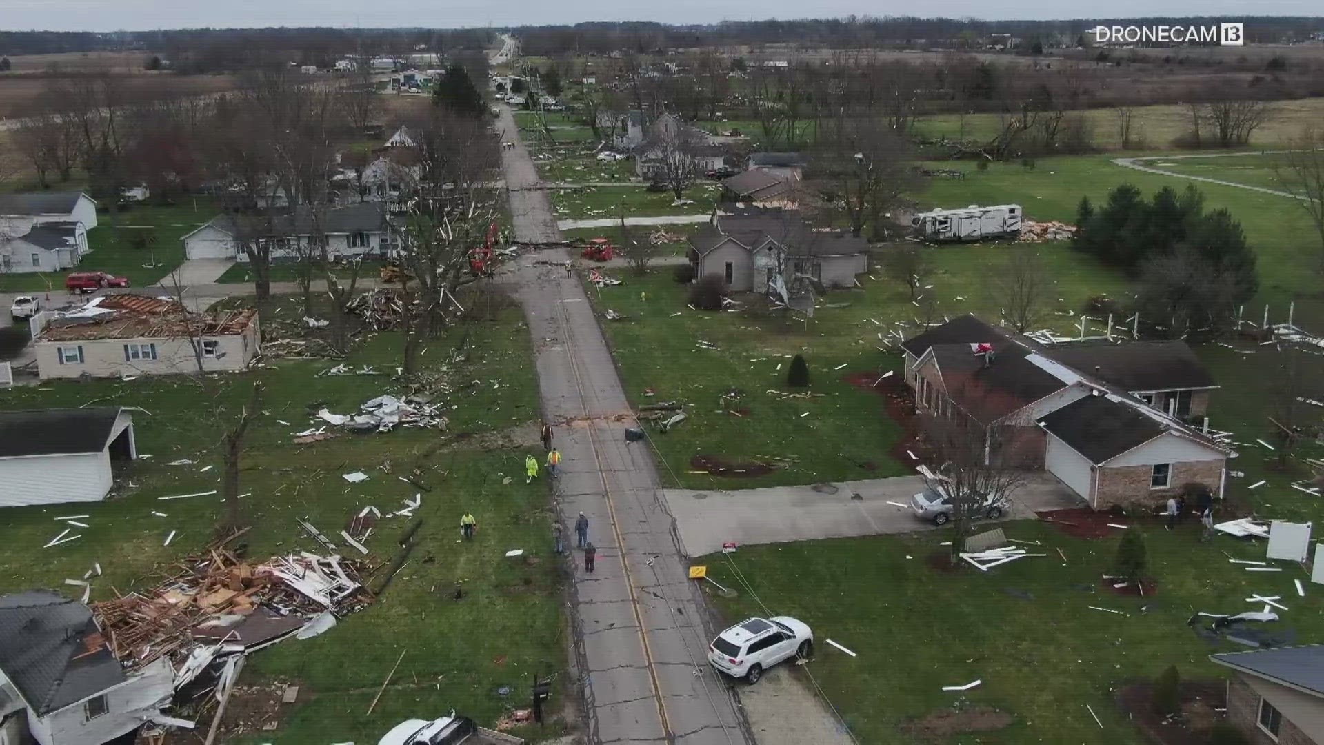 A line of strong storms moved through central Indiana Thursday evening, with possible tornadoes causing extensive damage in parts of Delaware and Randolph counties.
