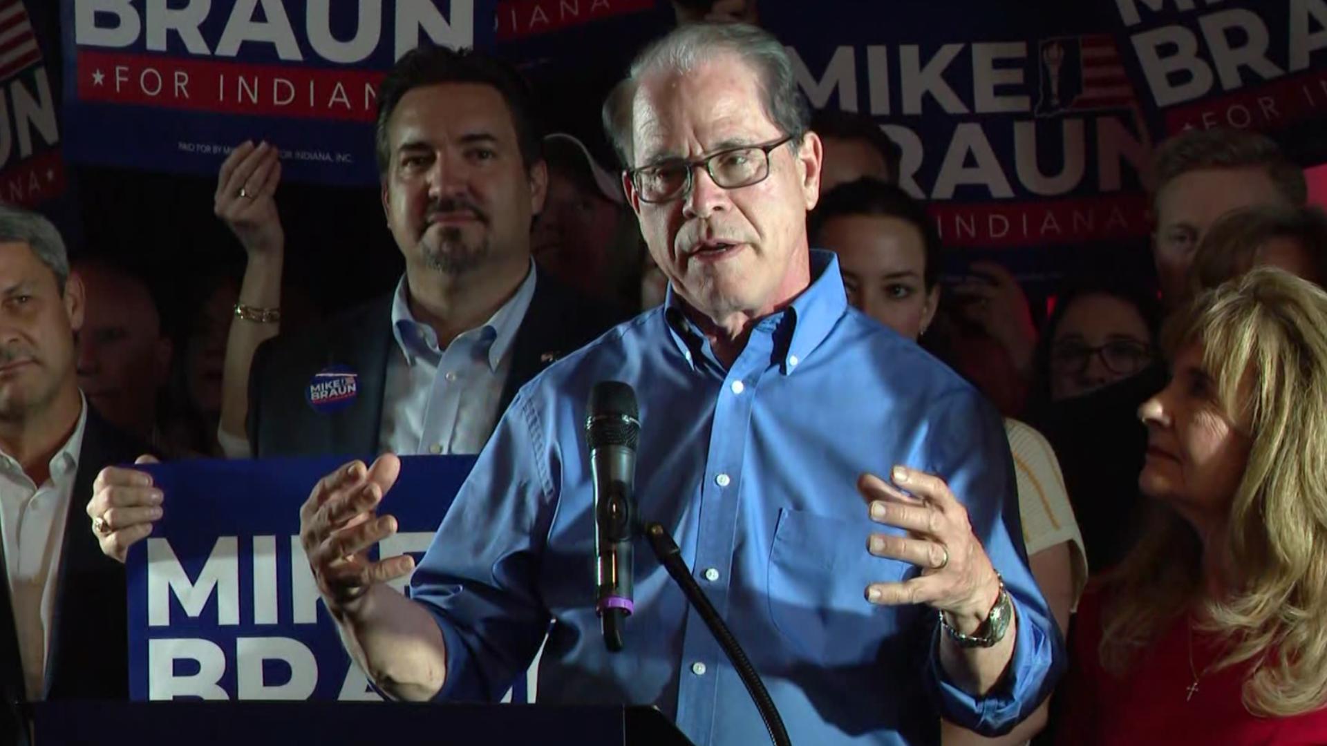 Mike Braun speaks to supporters after winning the GOP nomination for governor Tuesday night.