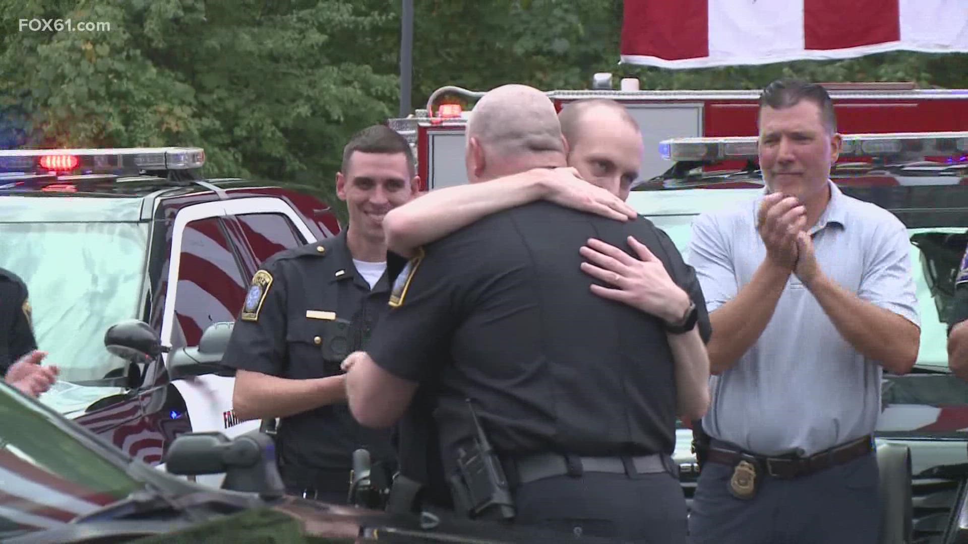 The Farmington police officer was welcomed back with a showing of support after taking a year off to recover.