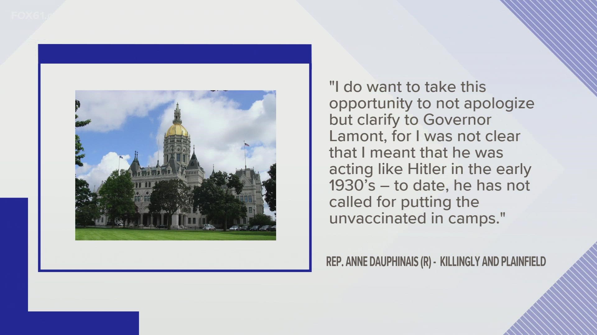 Republican state Rep. Anne Dauphinais stands by her comparison, but the Jewish Federation of Eastern Connecticut says it doesn't respect the tragedy of WWII.
