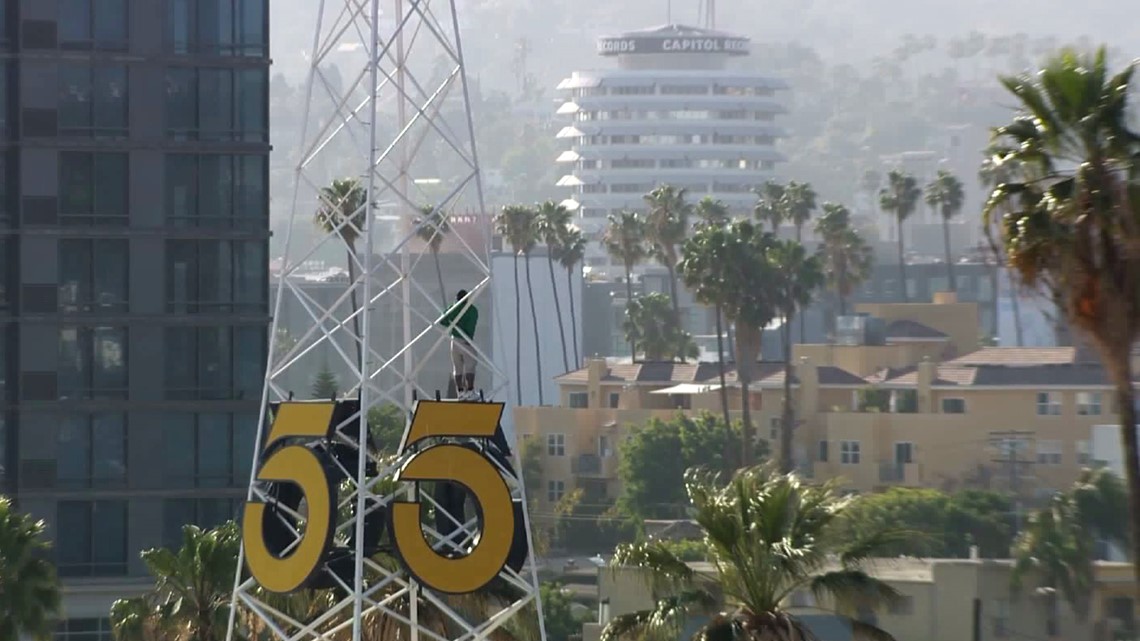 Man climbs iconic KTLA tower in Hollywood prompting closure of