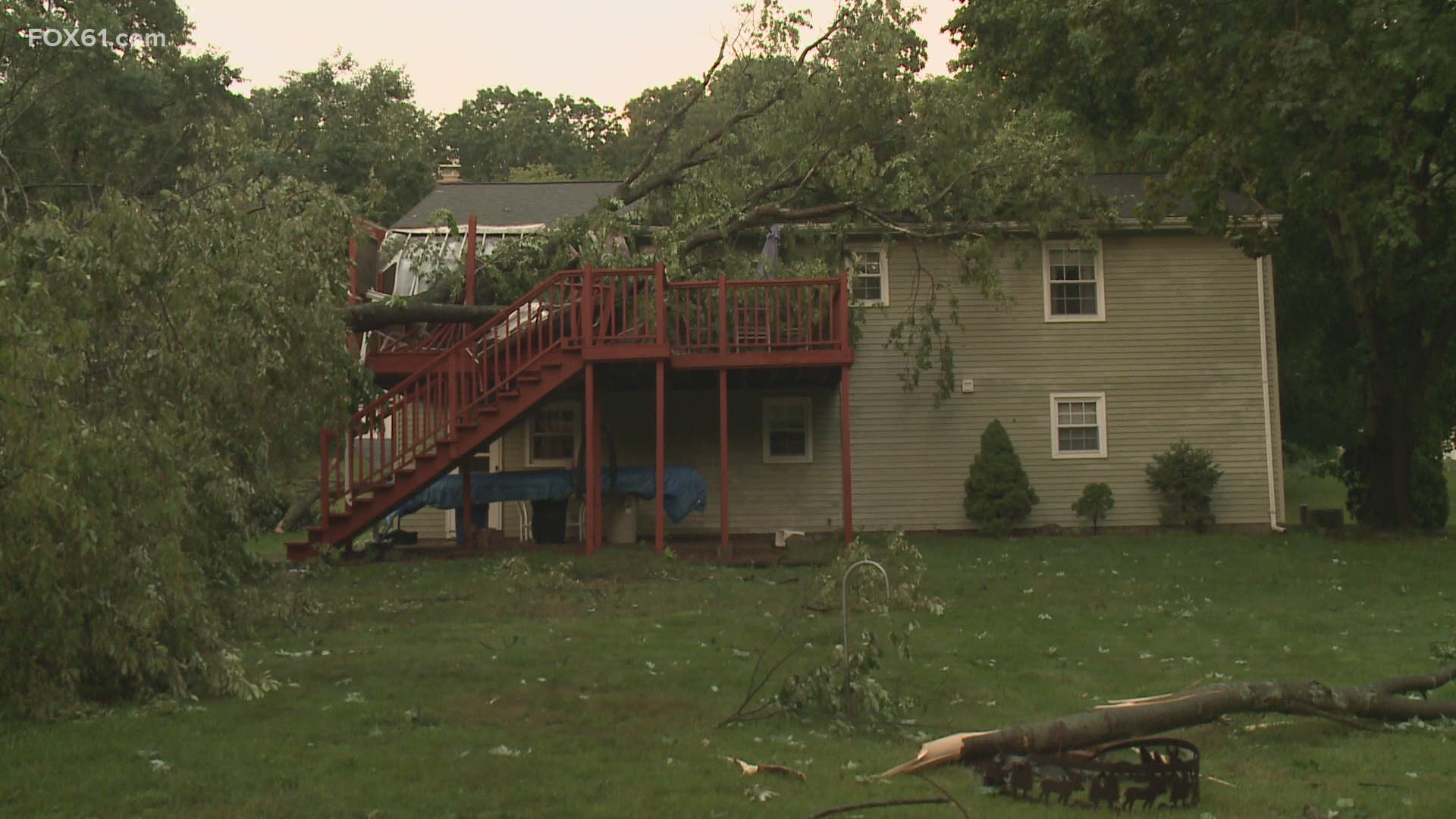 On Benjamin Way, one homeowner had several trees fall in his front and backyards, including one on his deck he had been standing on just moments before.