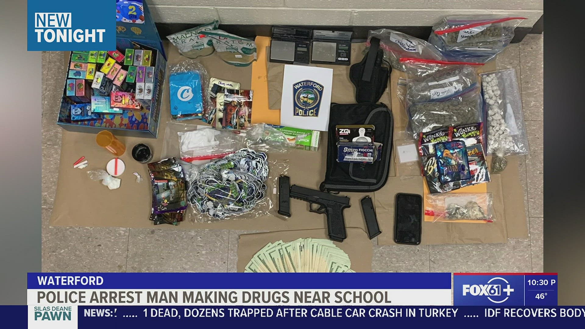 A Waterford man was arrested after police raided his residence, finding a variety of drugs, cash and an unmarked weapon.