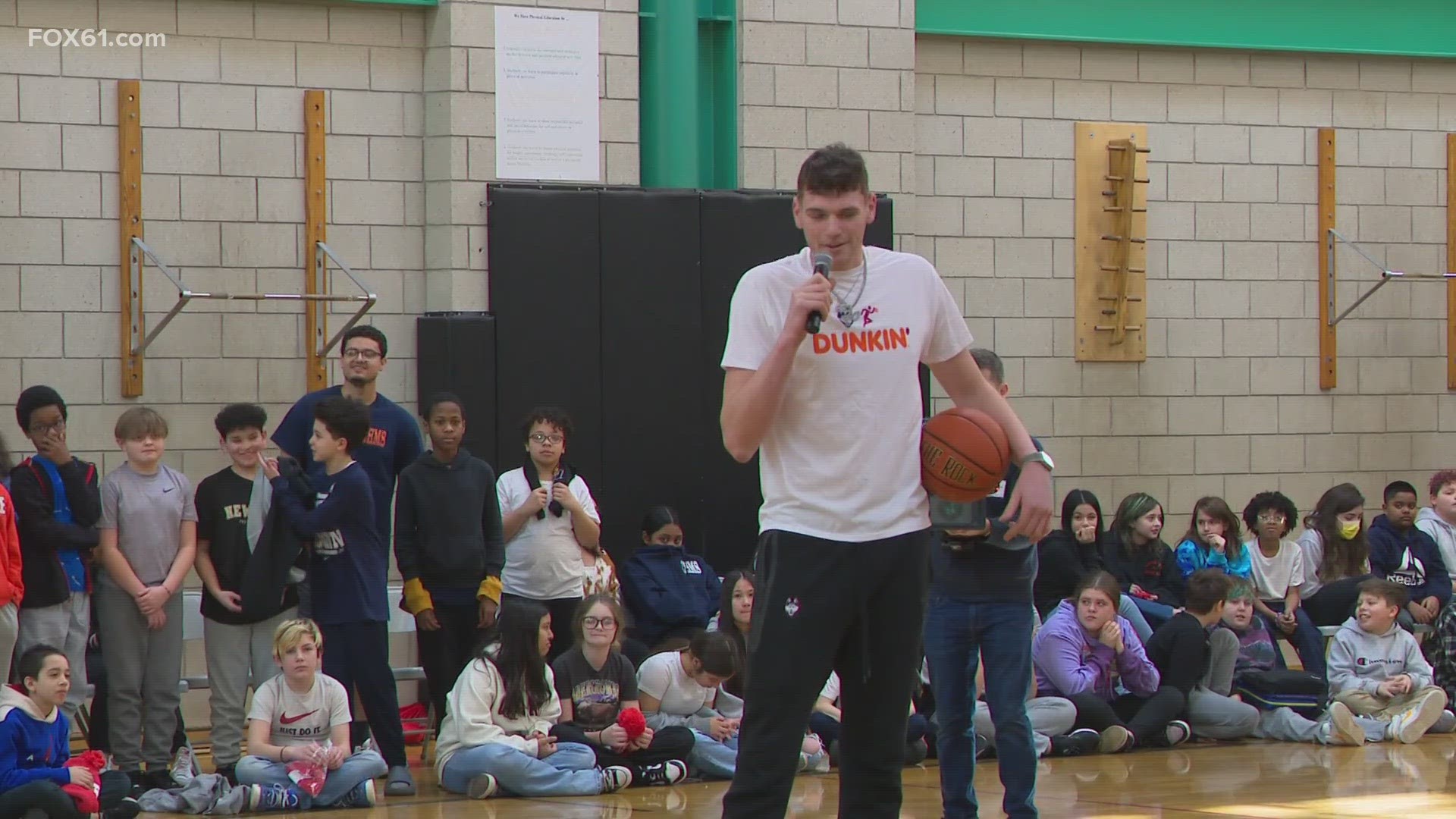 FOX61's Jim Altman was at Chippens Hill Middle School in Bristol where UConn center and national champion Donovan Clingan returned to deliver a message to students.