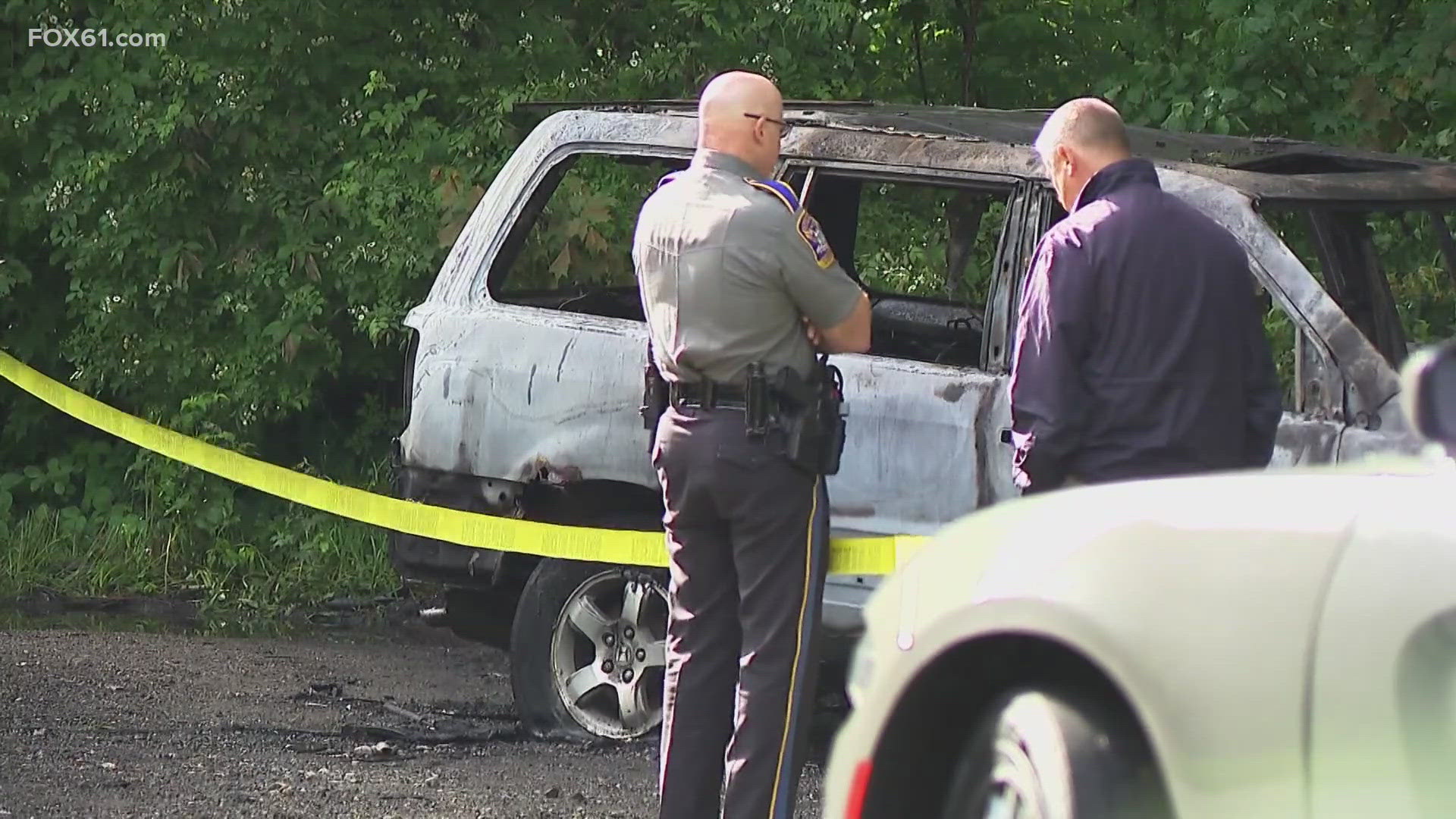 State police say two people were found dead in a burning car in Oxford early Thursday morning on Roosevelt Drive along Route 34.
