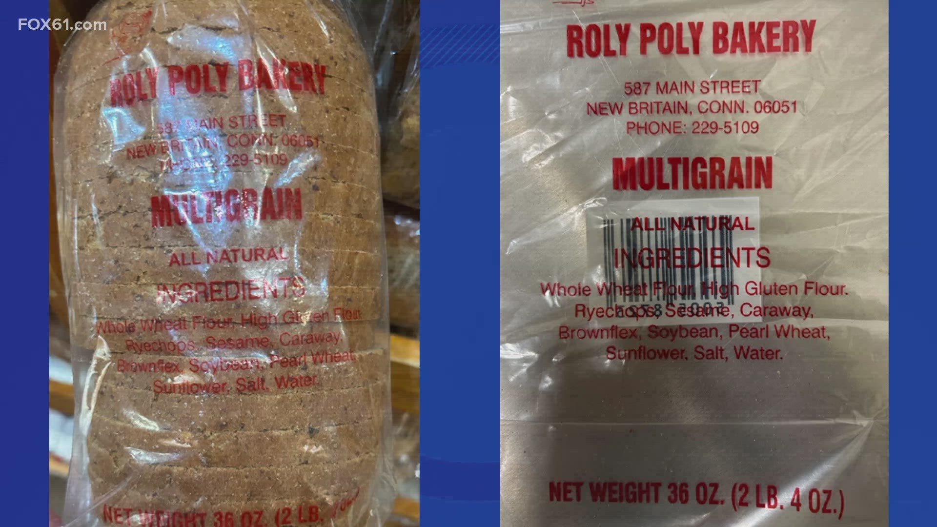 The affected product is the 20 oz. loaves of Roly Poly Bakery multigrain bread, which were sold before April 11.
