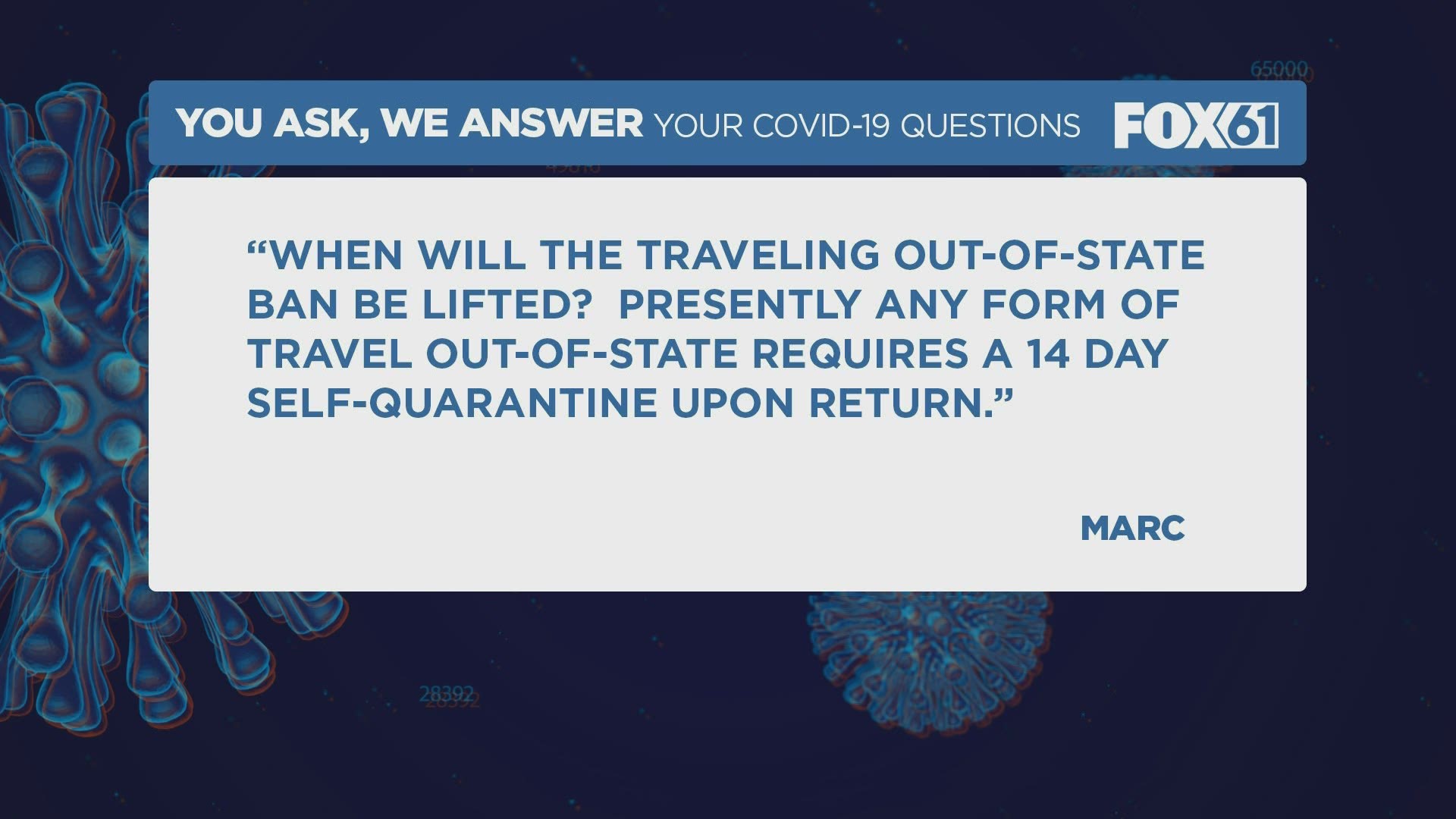 Send your question to share61@fox61.com. We'll air your question and an answer to your question on-air and online.