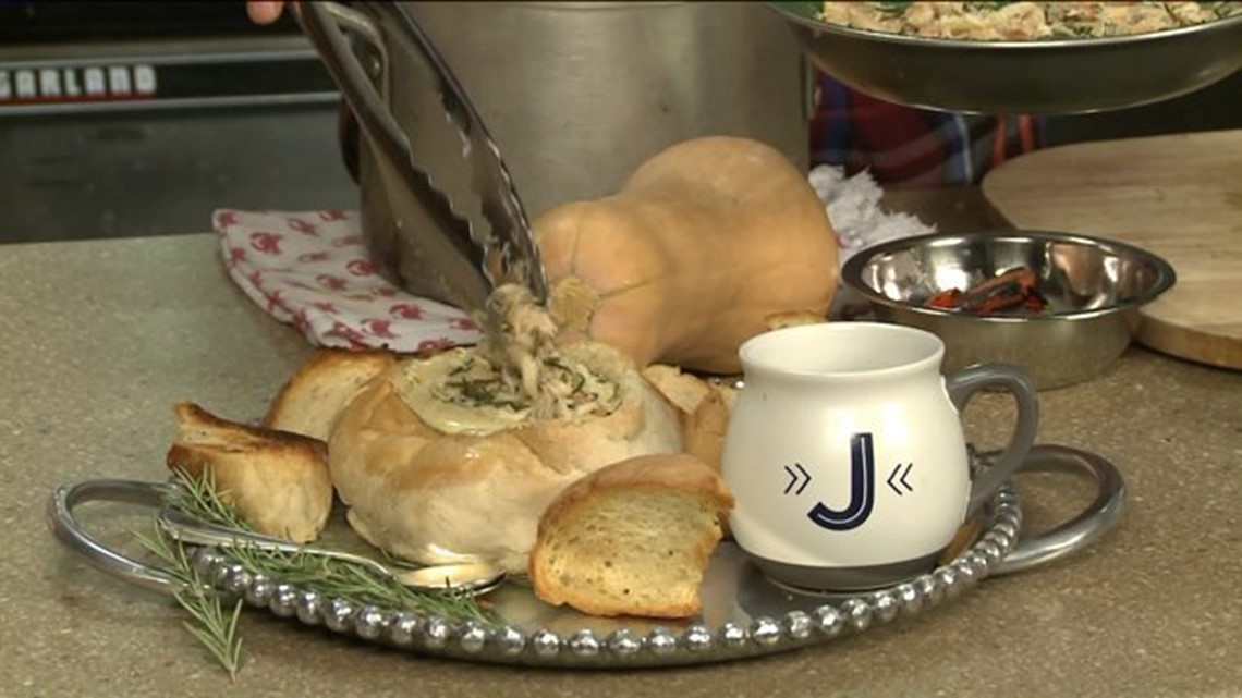 Recipe Butternut squash and crab bisque with toasted sage, red pepper