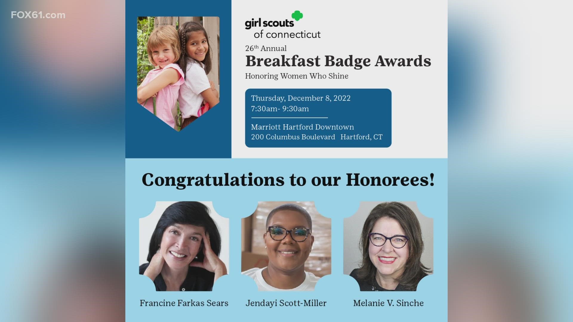 Jendayi Scott-Miller is the founder and CEO of Angel of Edgewood and she's recognized by Girl Scouts of Connecticut with its annual Breakfast Badge Award.