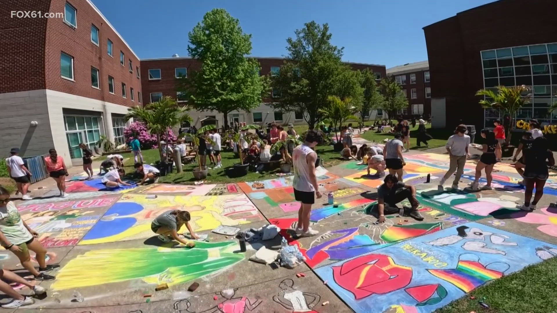An art tradition continues at a high school in Hamden, as students head outside to create artwork with chalk.