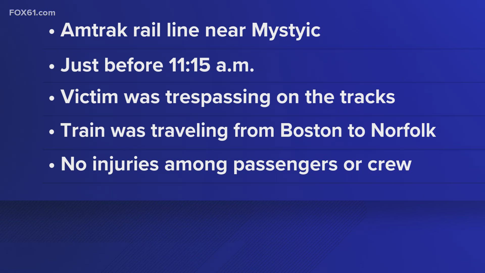 The incident happened around 11:11 a.m. Friday when someone trespassing on the track was struck by Amtrak Train 93, the railroad company is reporting.
