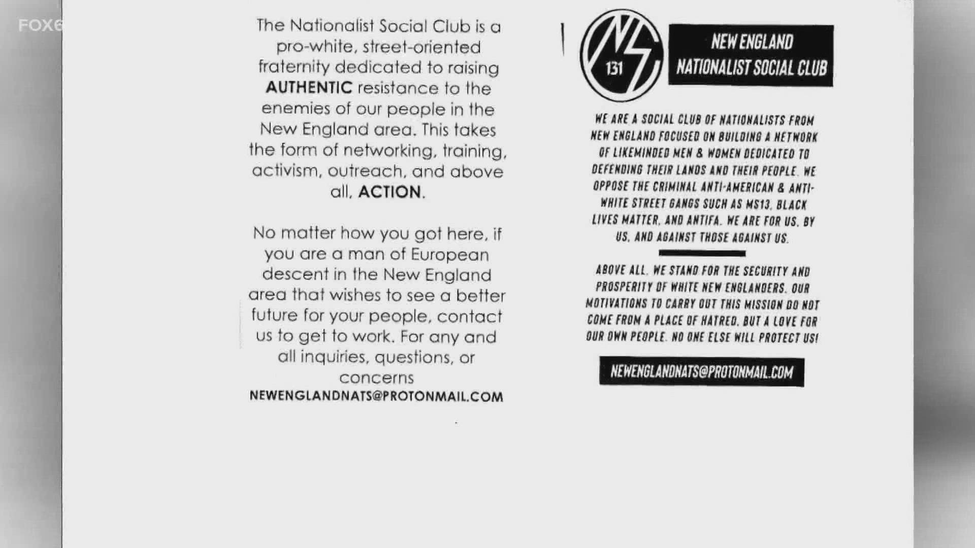 The flyers also turned up in West Hartford and Enfield last month. They attempt to recruit white males.