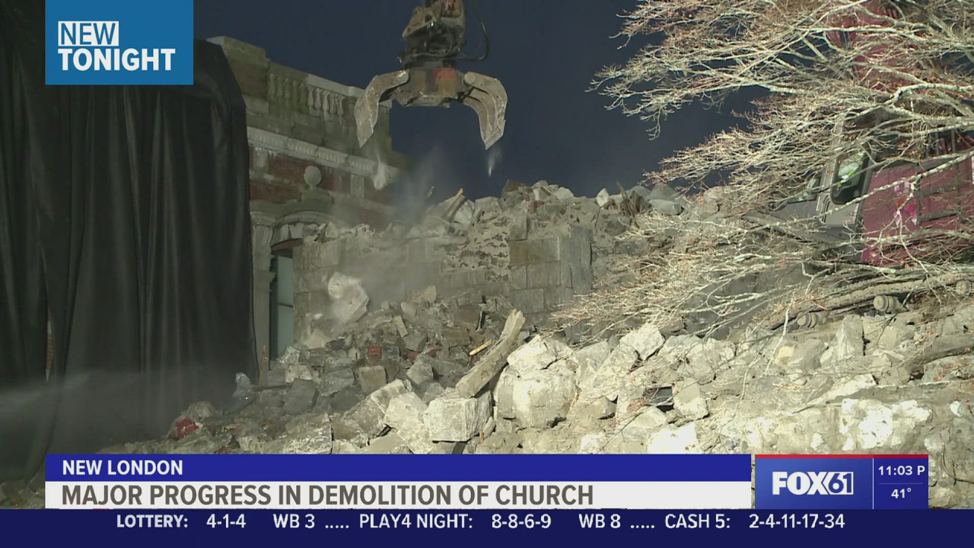 Demolition has begun at the Engaging Heaven Church in New London after steeple collapse.