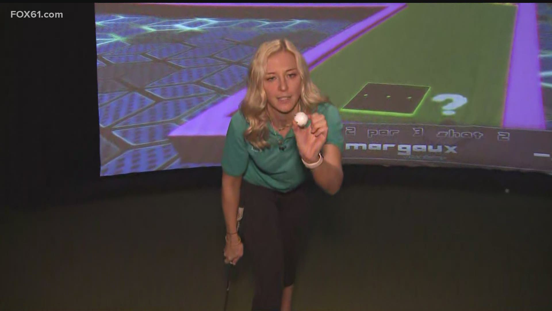 FOX61's Margaux Farrell hit the virtual links this morning at Oakwood Virtual Golf in Glastonbury.
