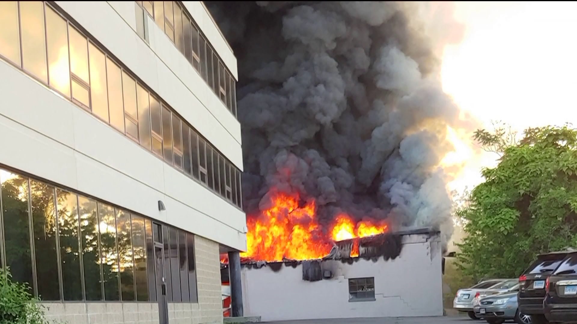 Firefighters battle large fire in Stratford commercial building