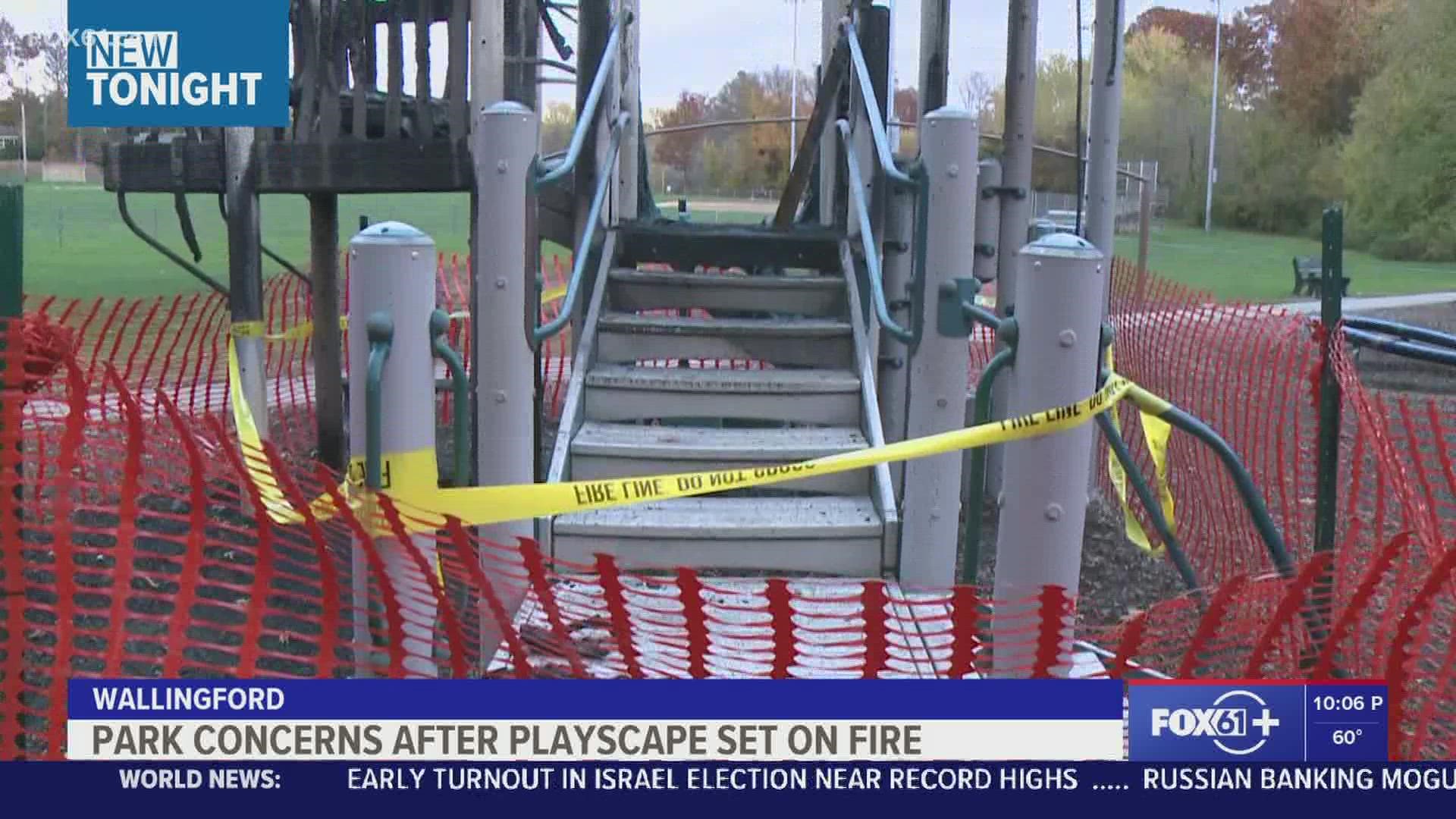 A play set at Doolittle Park in Wallingford was set on fire Saturday night and is now closed off as the town works to replace the equipment.