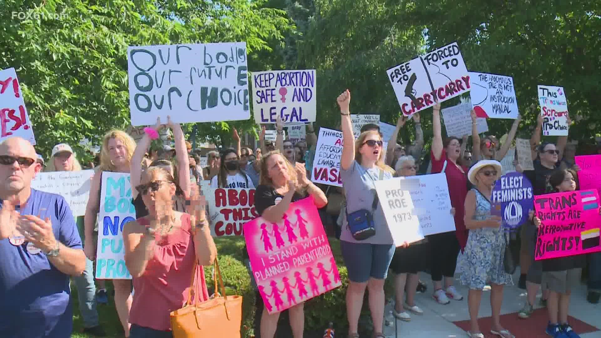Hundreds gathered at Milford Town Hall Sunday to protest the Supreme Court's decision to overturn Roe v. Wade which protected abortion access nationwide.