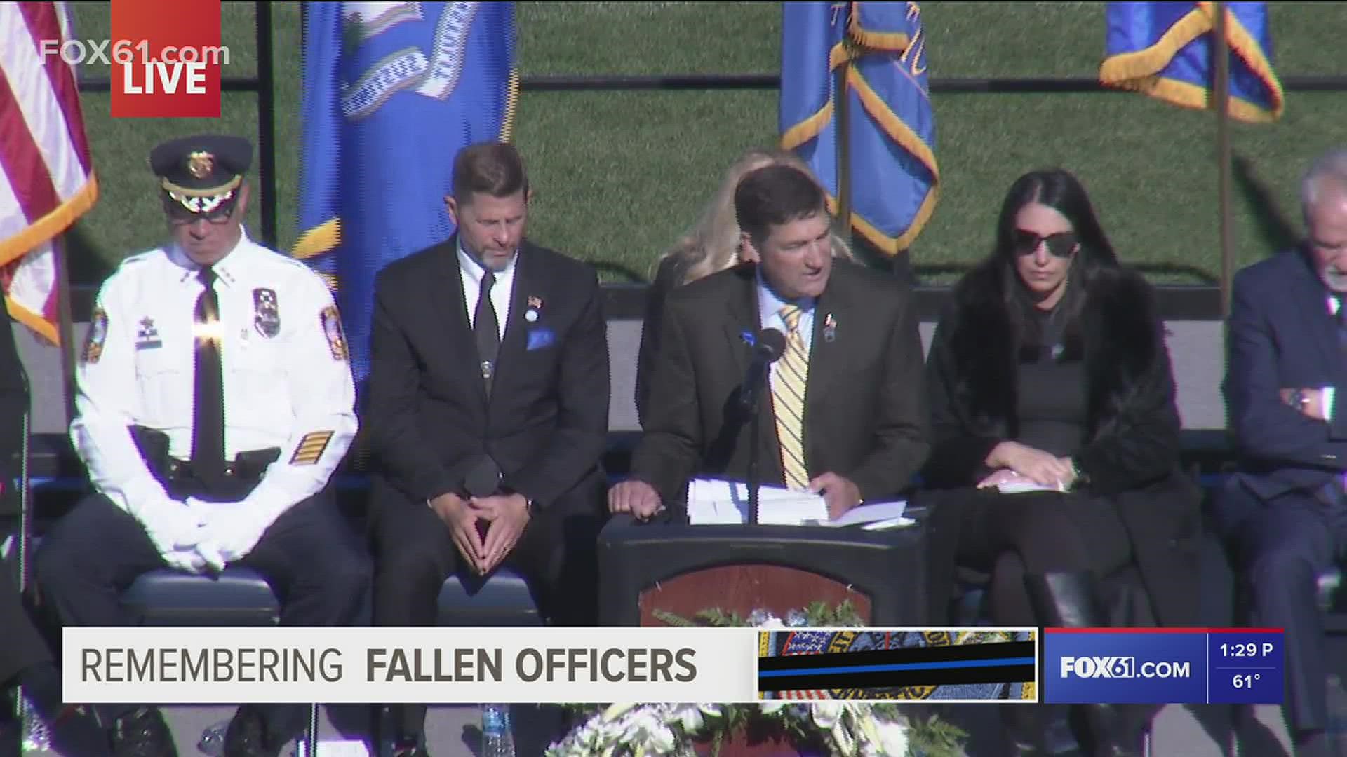 Ahmad Hamzy, father of Bristol police Sgt. Alex Hamzy, gives remarks at funeral services.