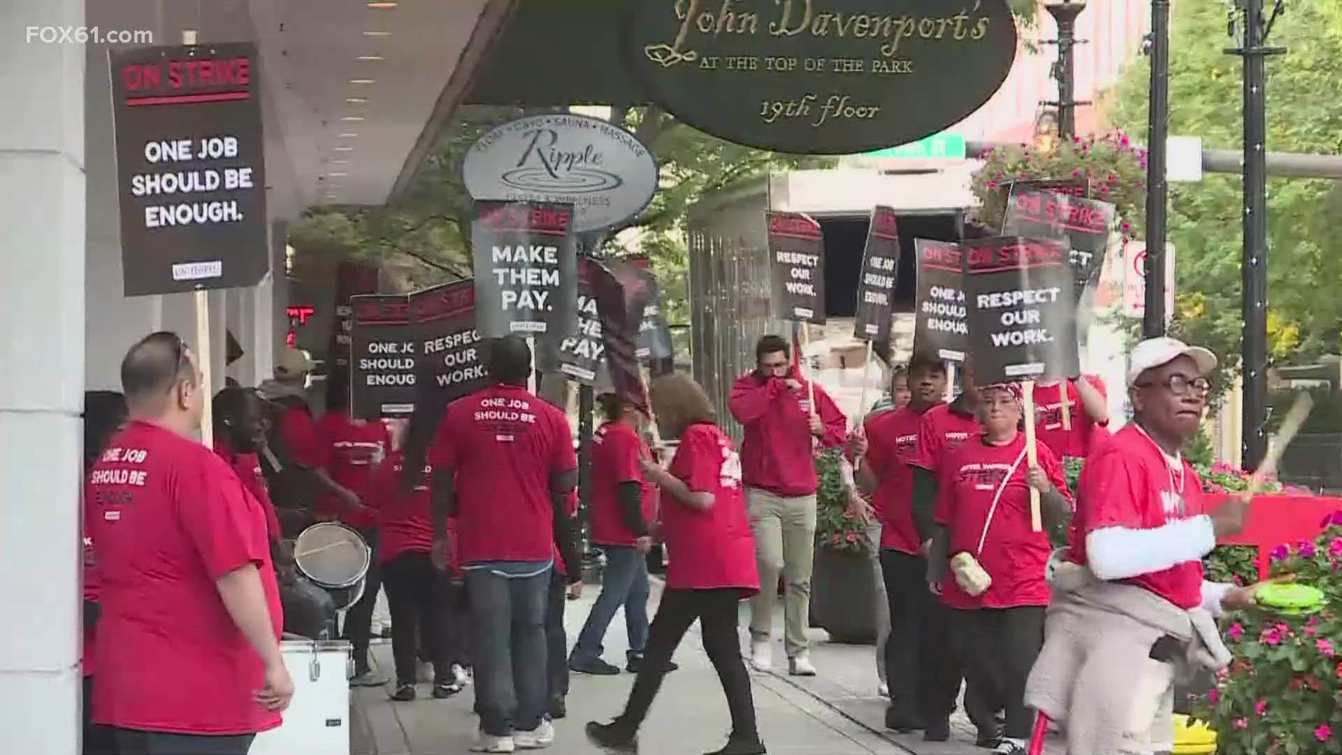 The hotel employees are demanding more money and a fair contract.