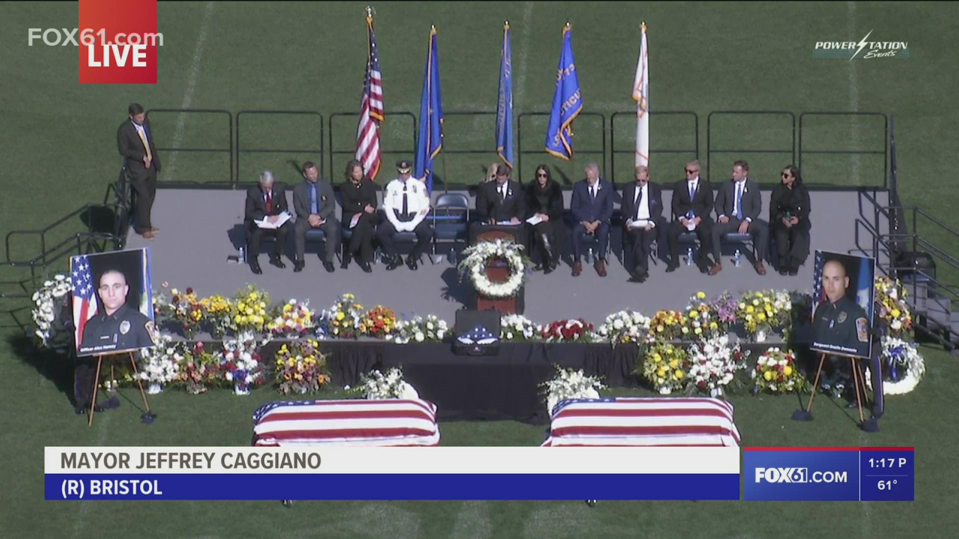 Mayor Jeffrey Caggiano (R-Bristol) remembers Lt. Dustin DeMonte and Sgt. Alex Hamzy at joint funeral service, also honoring Ofc. Alec Iurato.