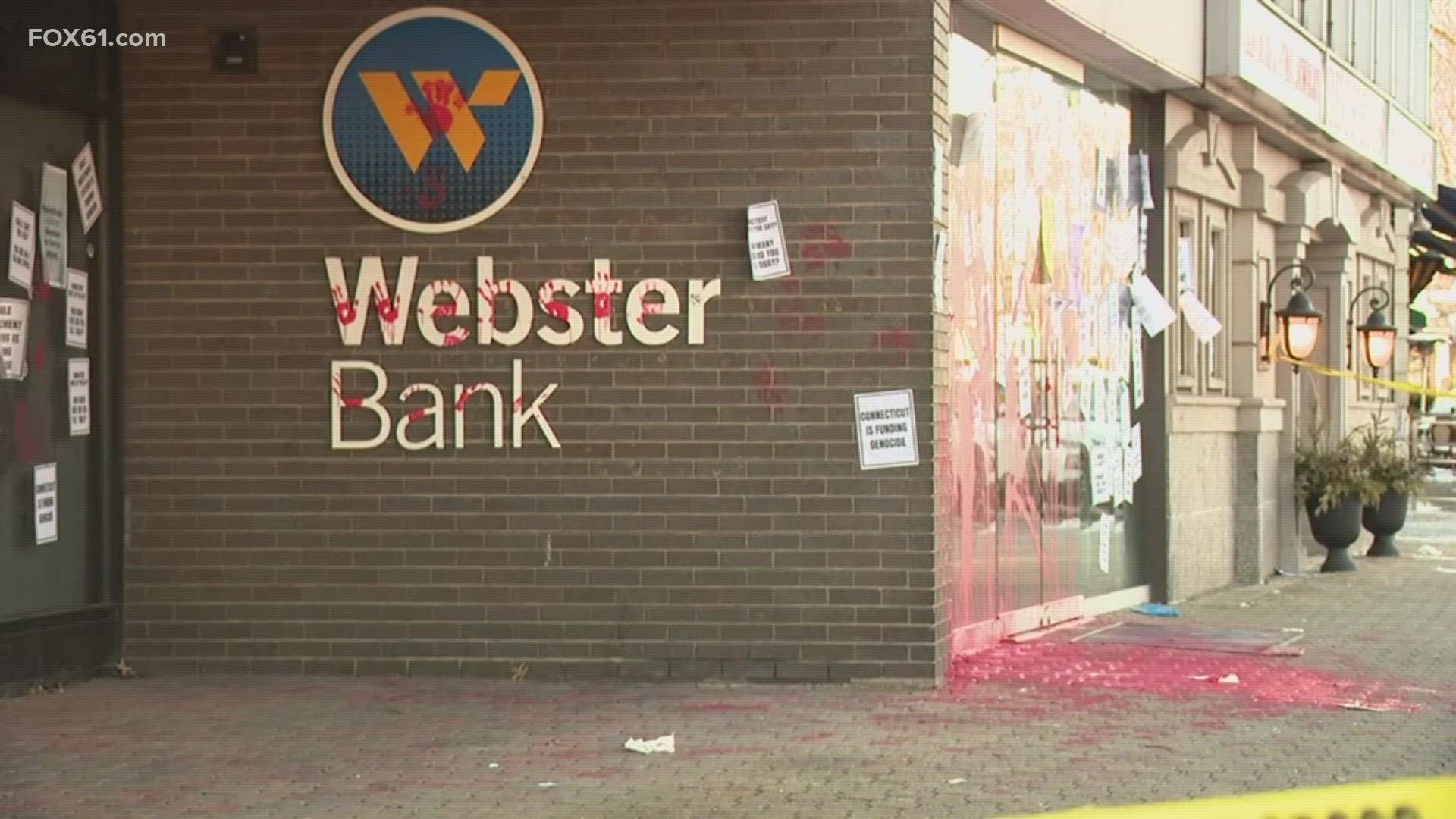 During a Israel-Hamas war rally, red paint was splashed on the outside of some businesses.