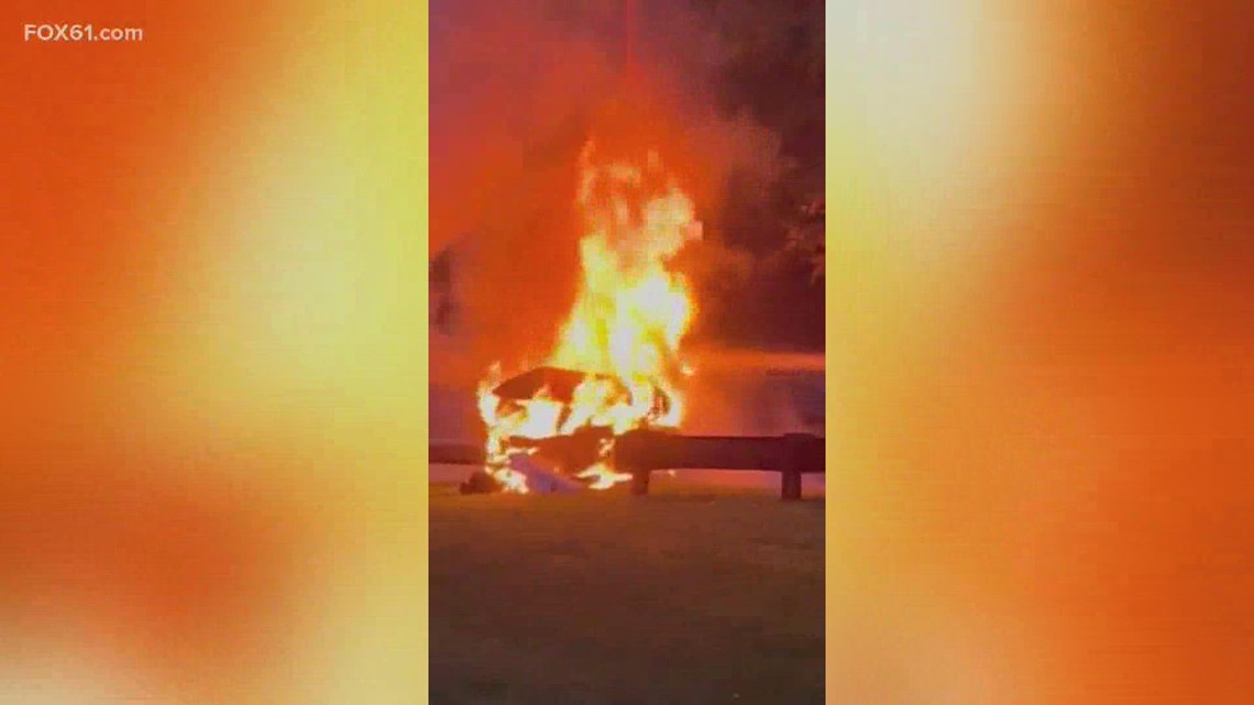 Car engulfed in flames after crash in Glastonbury, Connecticut