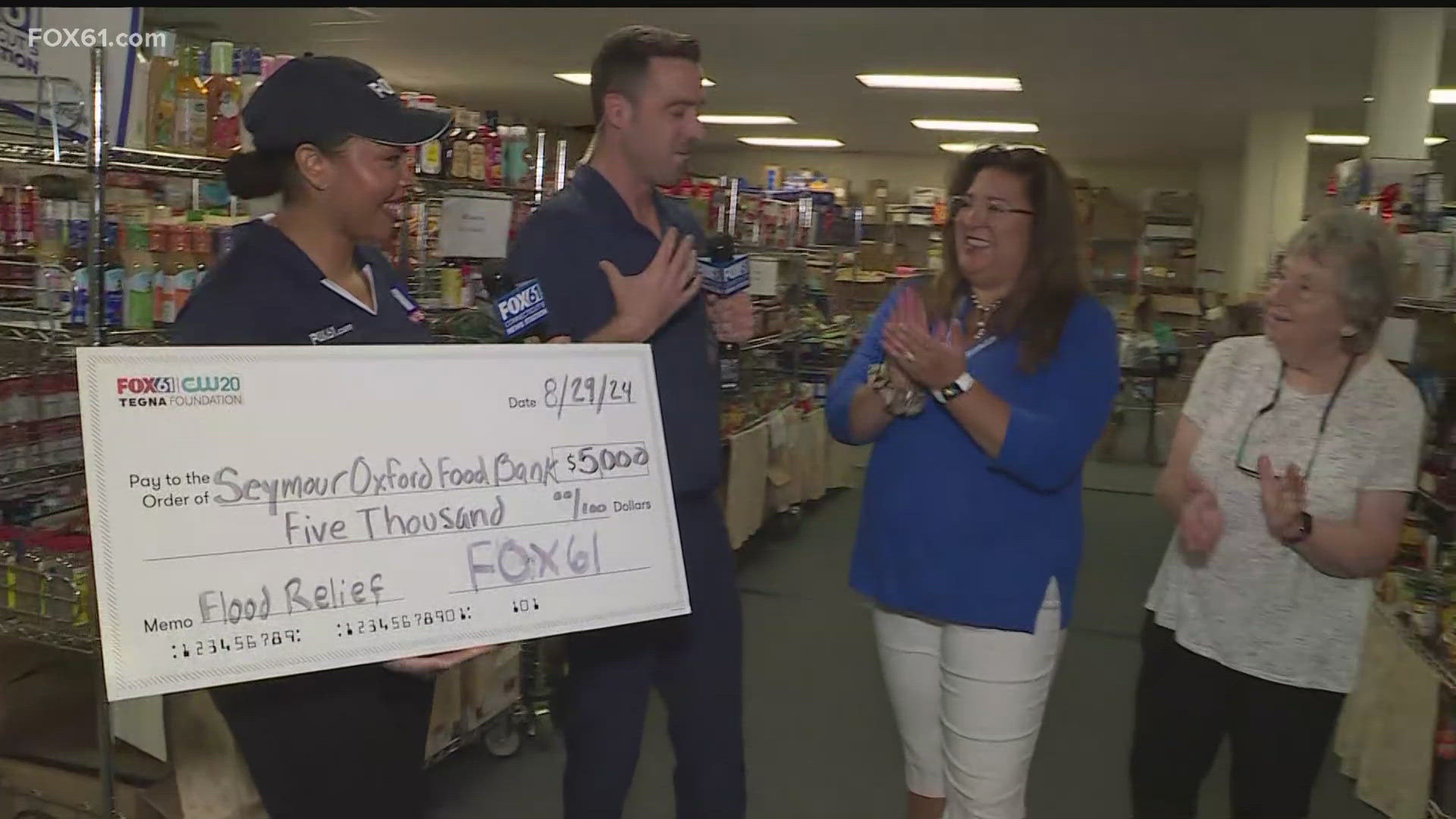 As the Seymour and Oxford communities continue recovering from the deadly floods, FOX61 is giving a generous donation to the local food bank.