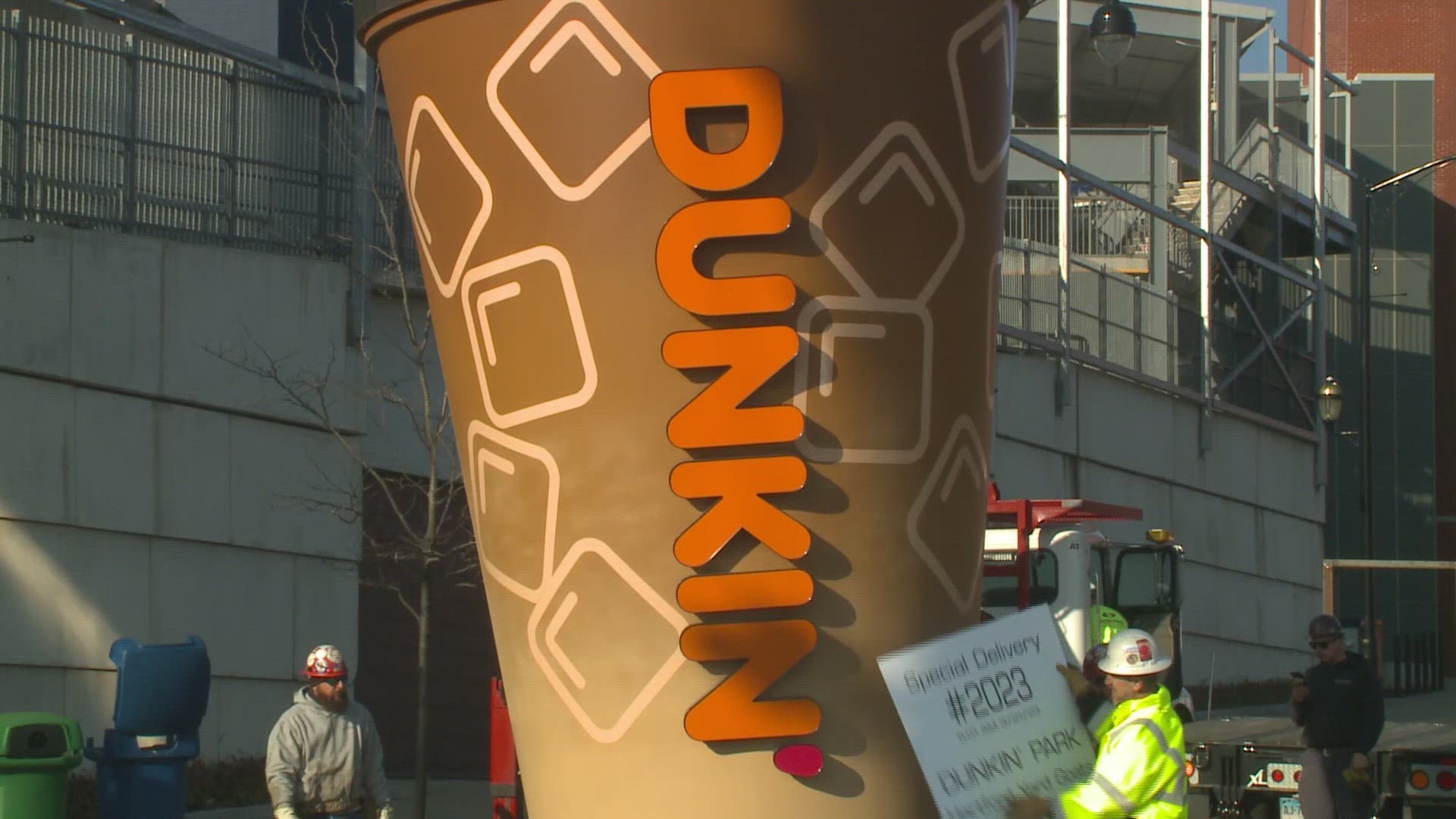 The new signage for Dunkin' Park officially went up on Tuesday along with the newly improved Dunkin' cup.