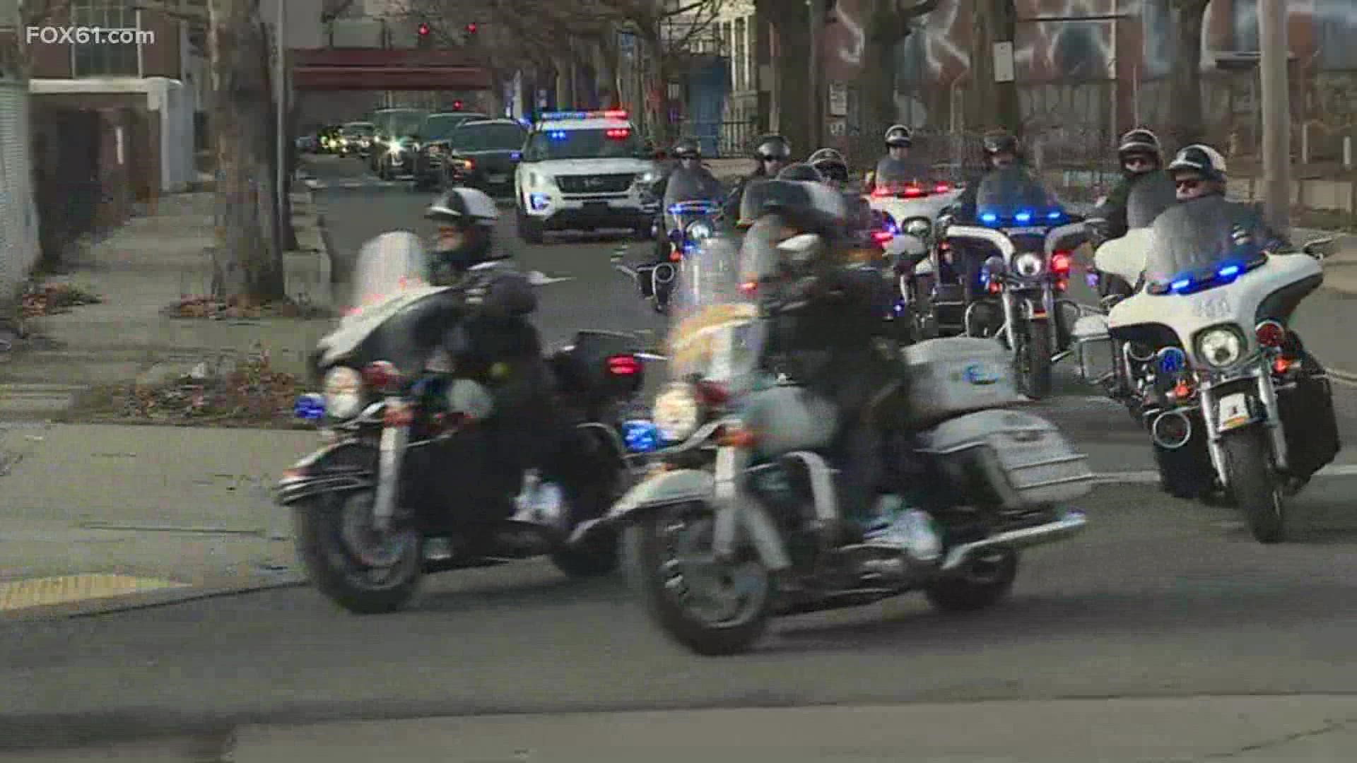 The funeral for Officer Diane Gonzalez, who died last week from injuries suffered in a 2008 crash, is being held in New Haven