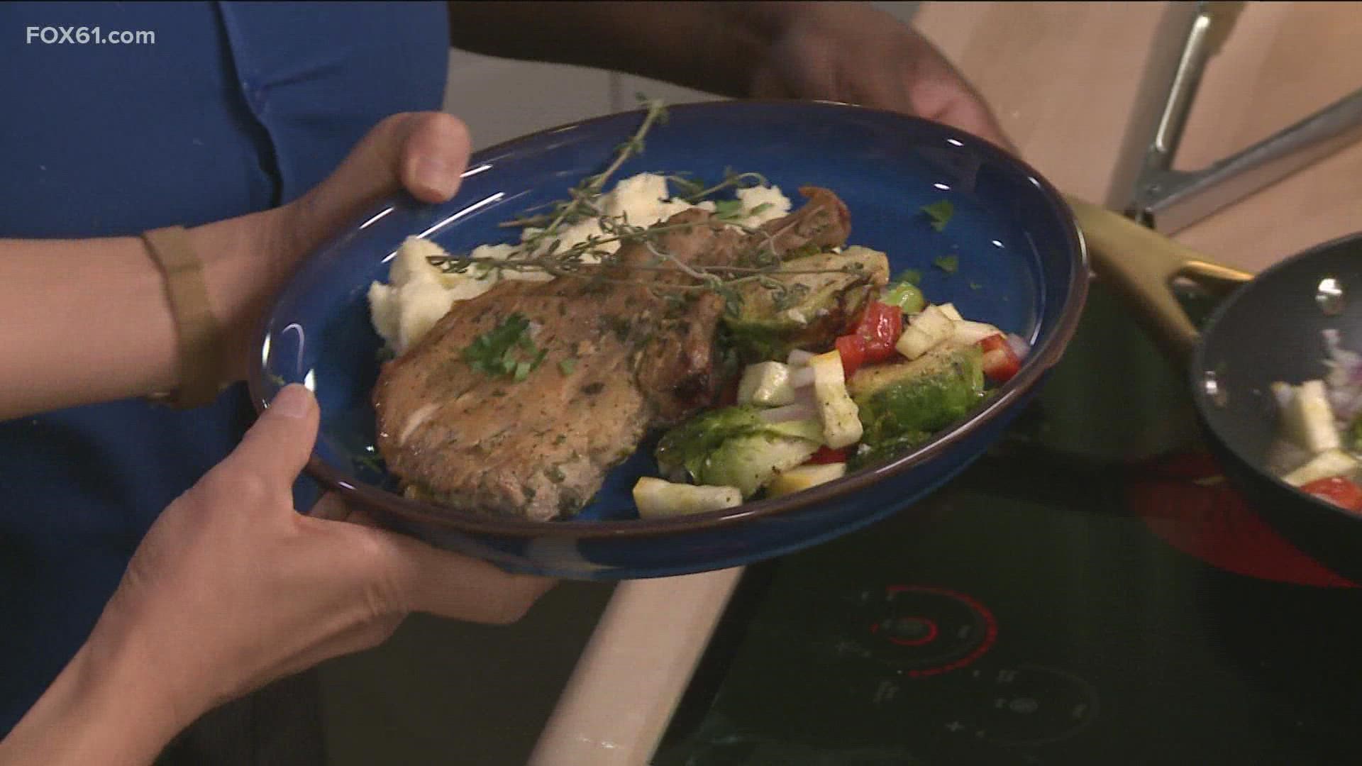 Learn how to make lemon rosemary roasted pork chops along with a sauted veggie medley from West Hartford's Blue Plate Kitchen!