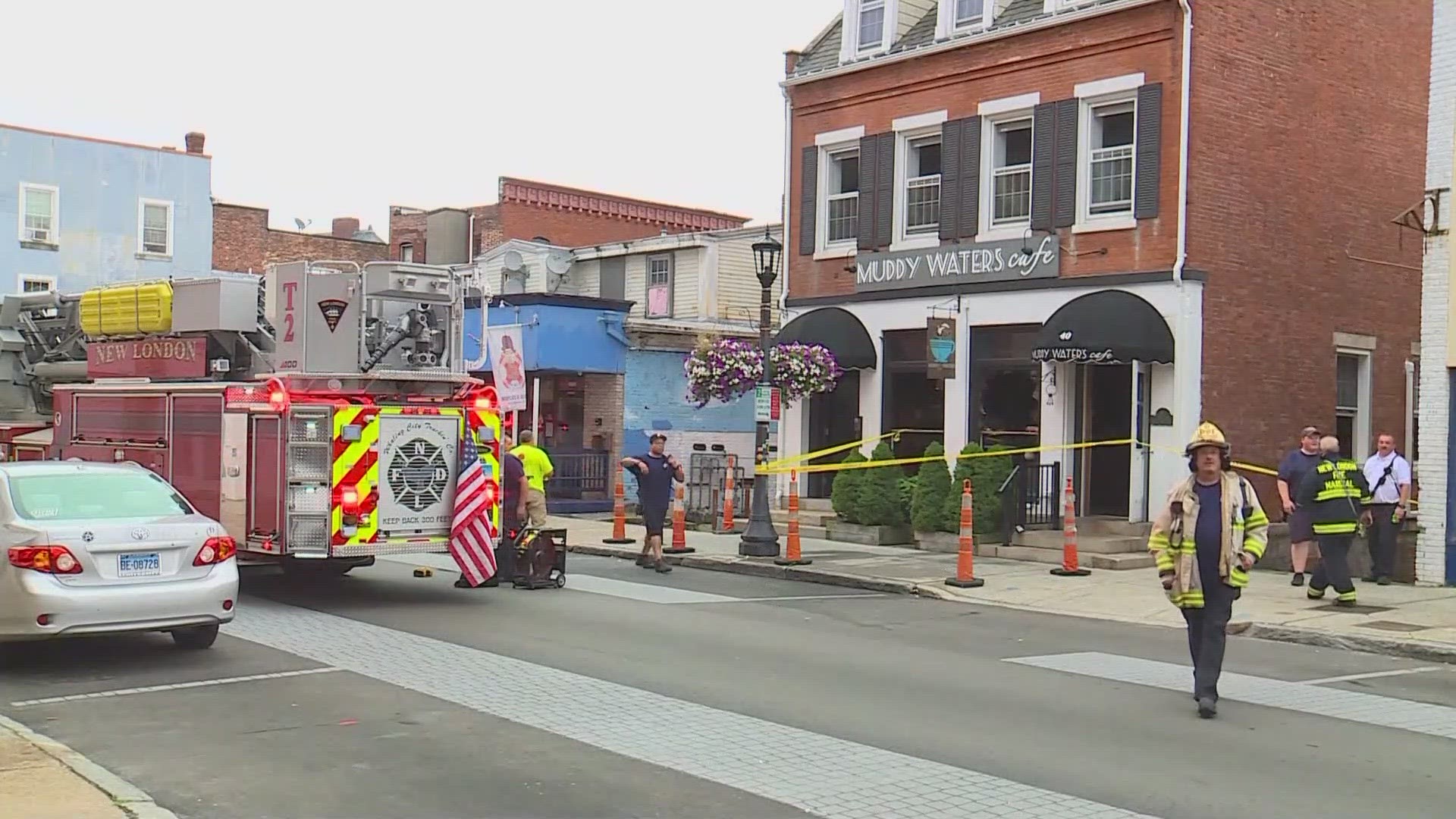 Muddy Waters Cafe on Bank Street in New London is closed after a fire started in its basement.