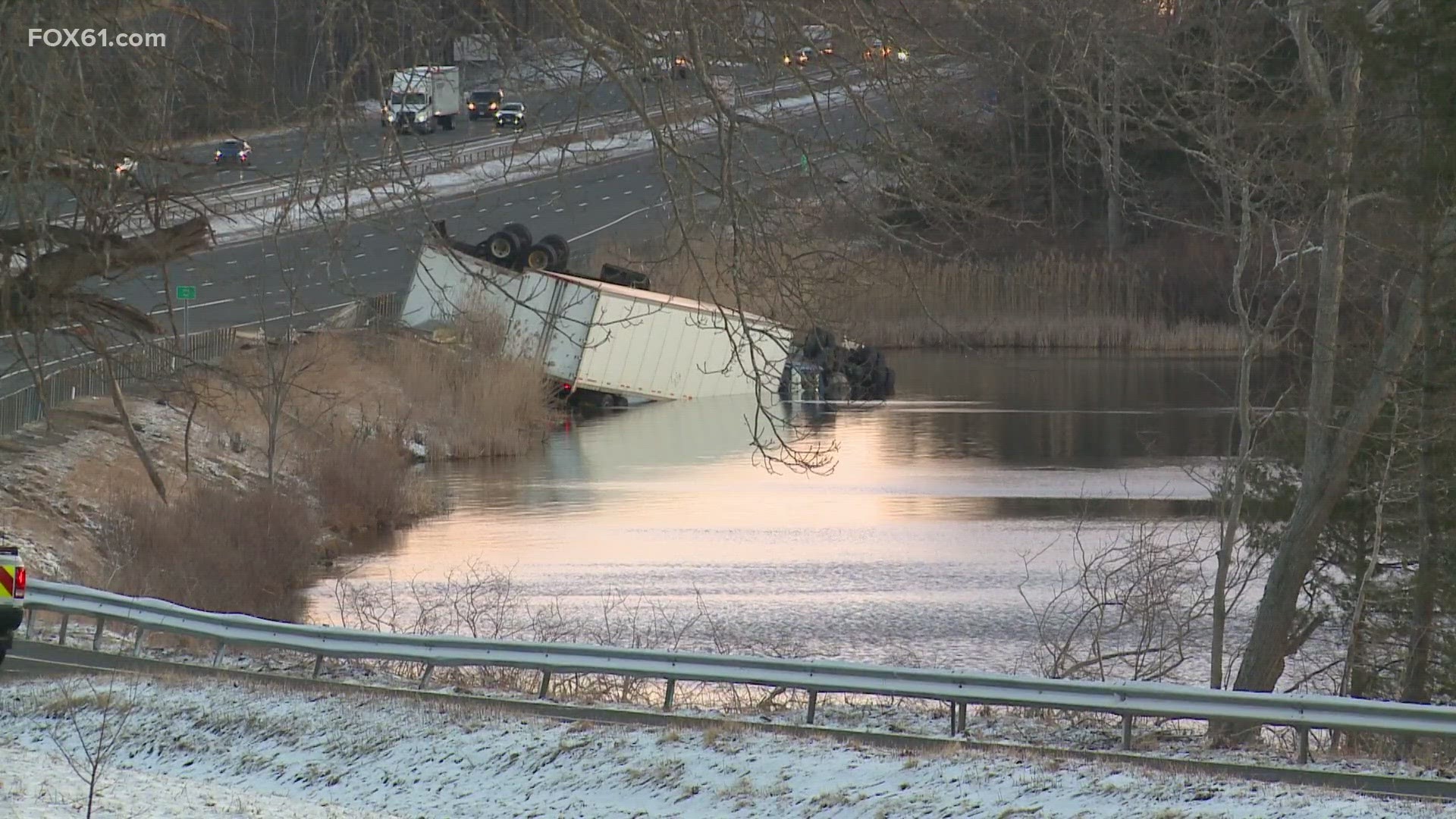 The crash happened just after Exit 72 when the truck crashed into Morey Pond off the side of the highway.