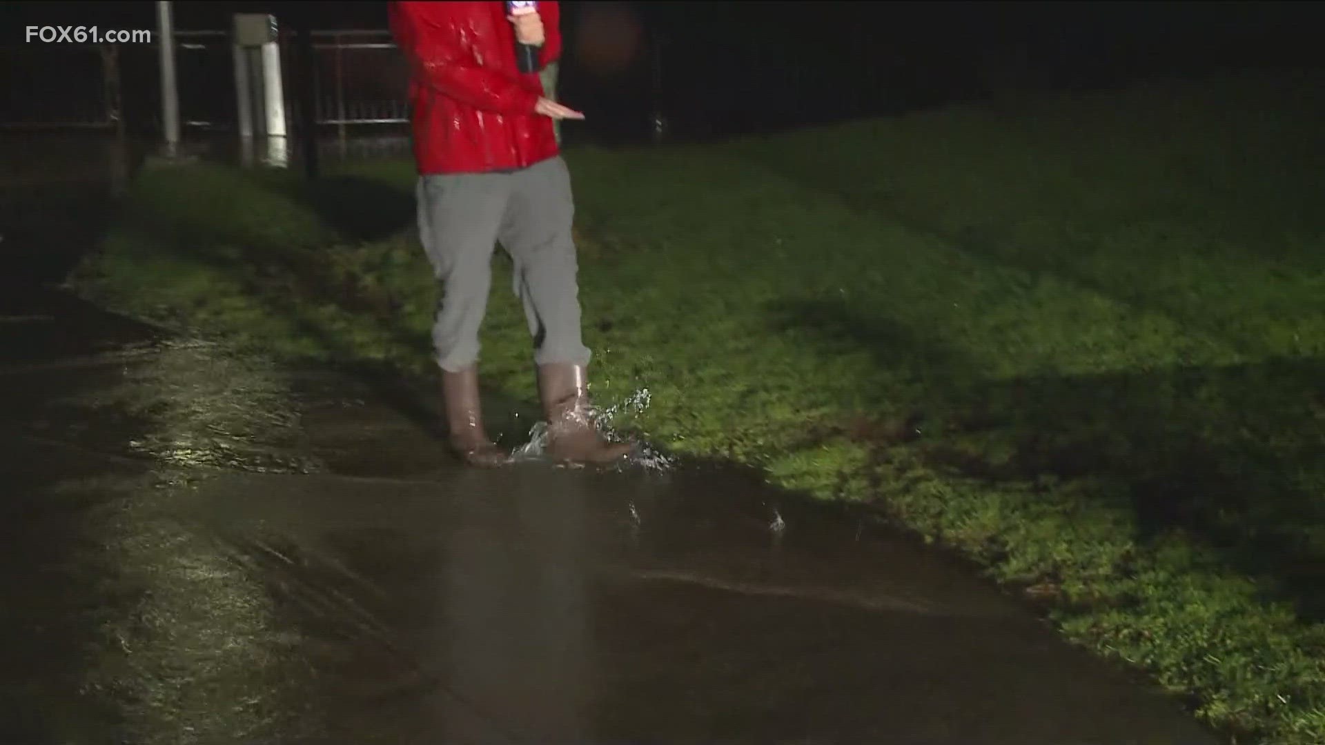 In Middletown, massive puddles can be seen on the sidewalks near the Connecticut River as the rain continued into Saturday morning.