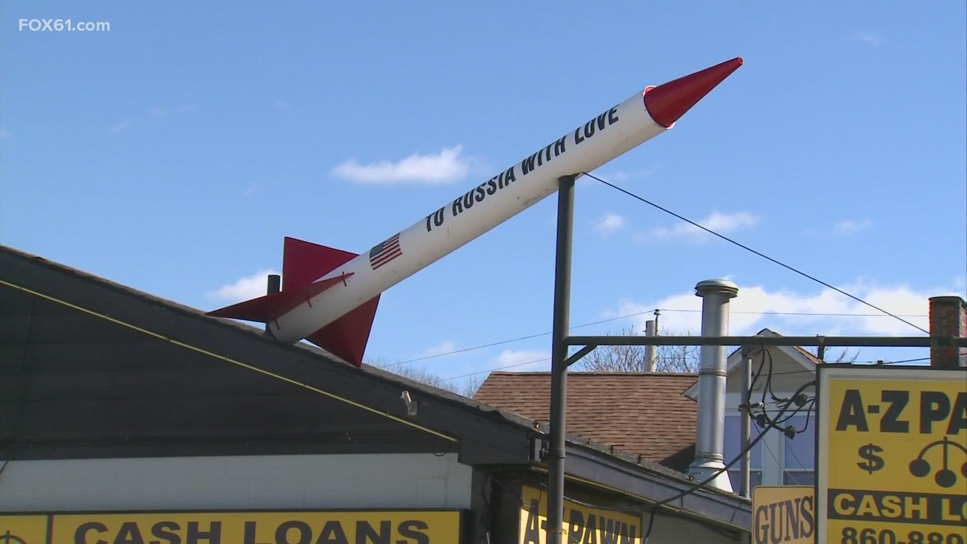 The owner has put a fake missile with the words "To Russia With Love" on the side