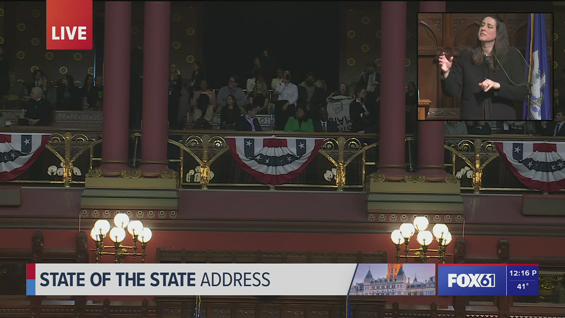 Gov. Lamont was minutes into the address when the chants of "Ceasefire now!" began ringing out in the chamber.