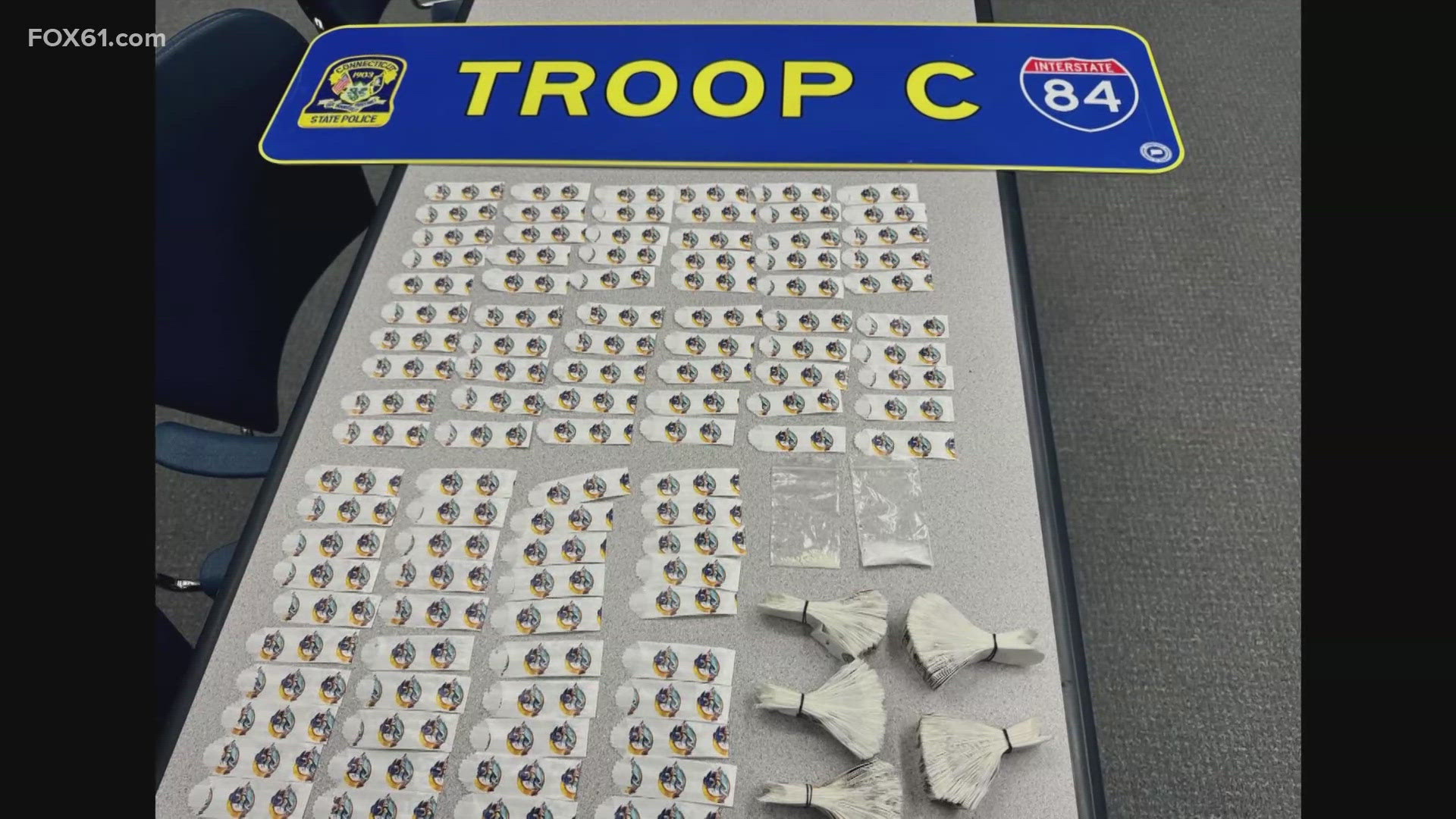 A search of a vehicle at the Willington Rest area intercepted over 600 bags of suspected fentanyl, two grams of suspected meth and crack cocaine.