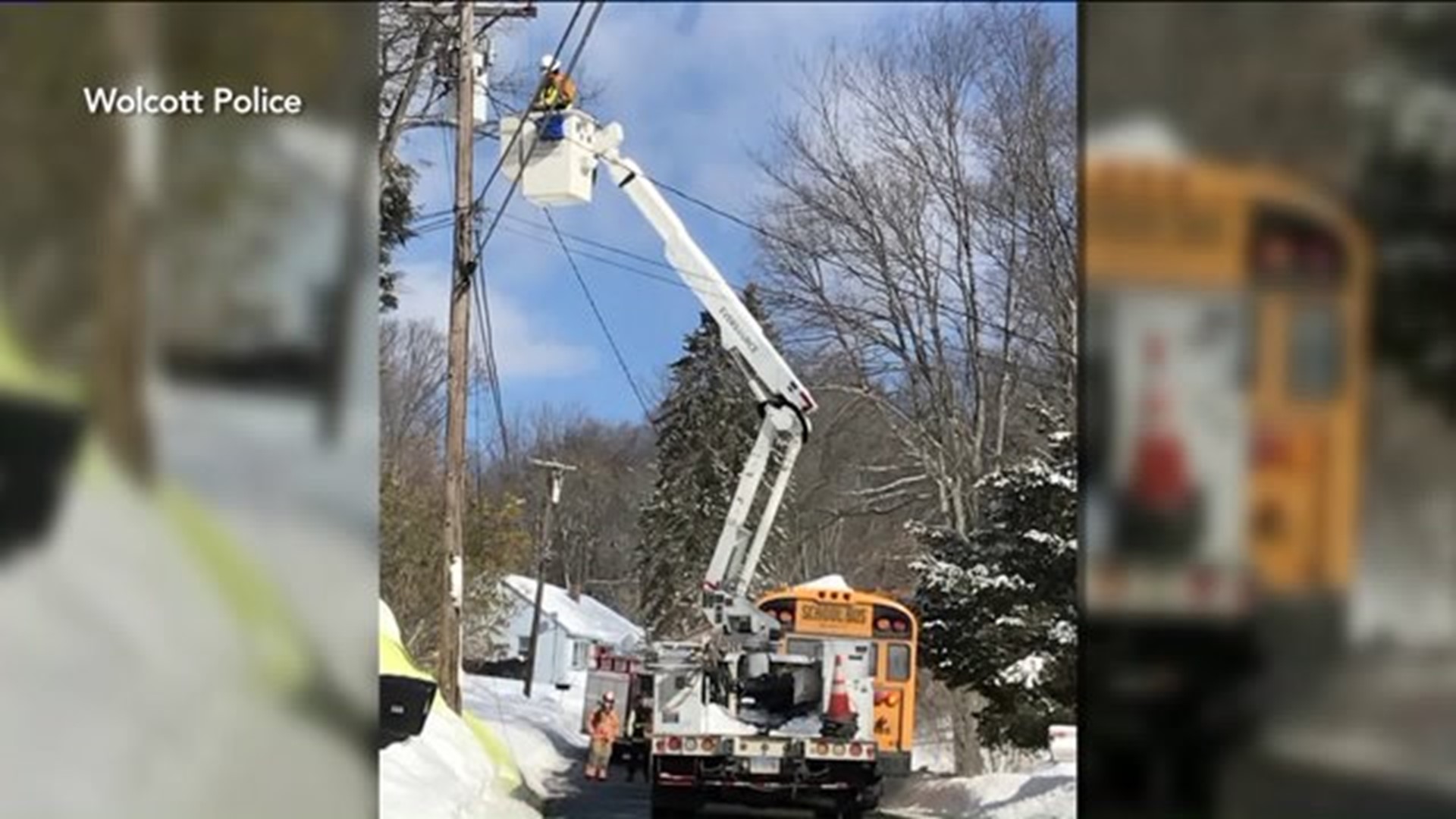 High winds cause wires to fall on Wolcott school bus