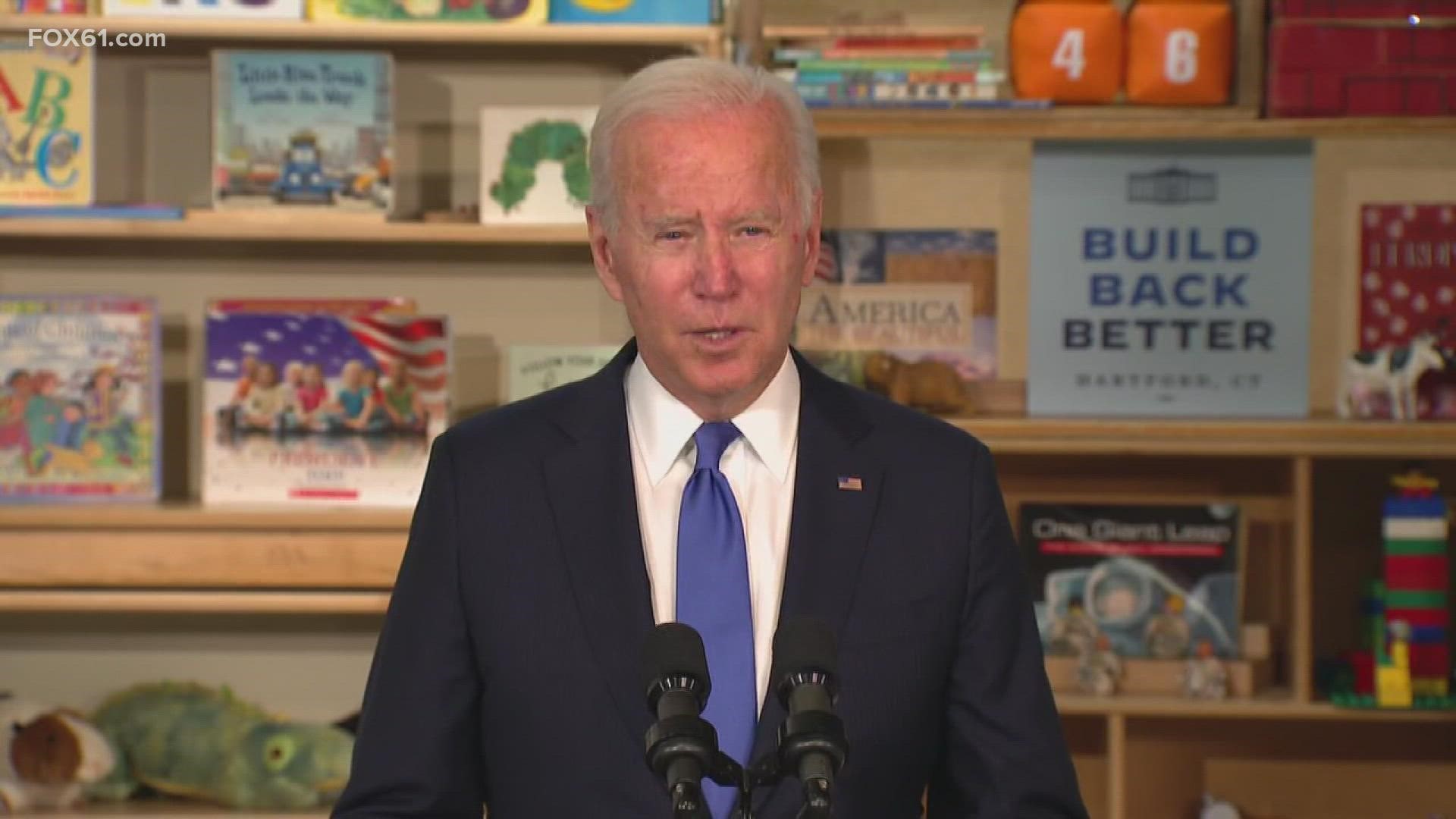 Biden talked about his Build Back Better agenda in Hartford, highlighting the need to invest in child care, before heading to UConn.