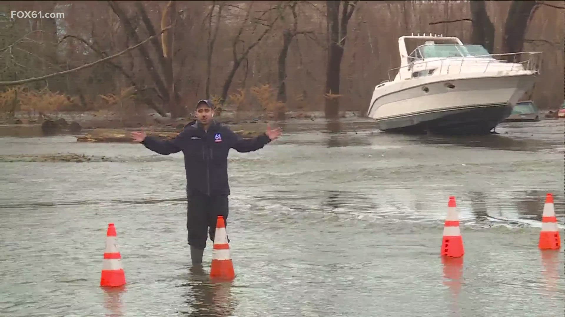 A partial dam break in Norwich is causing dangerous flooding of the Yantic River.