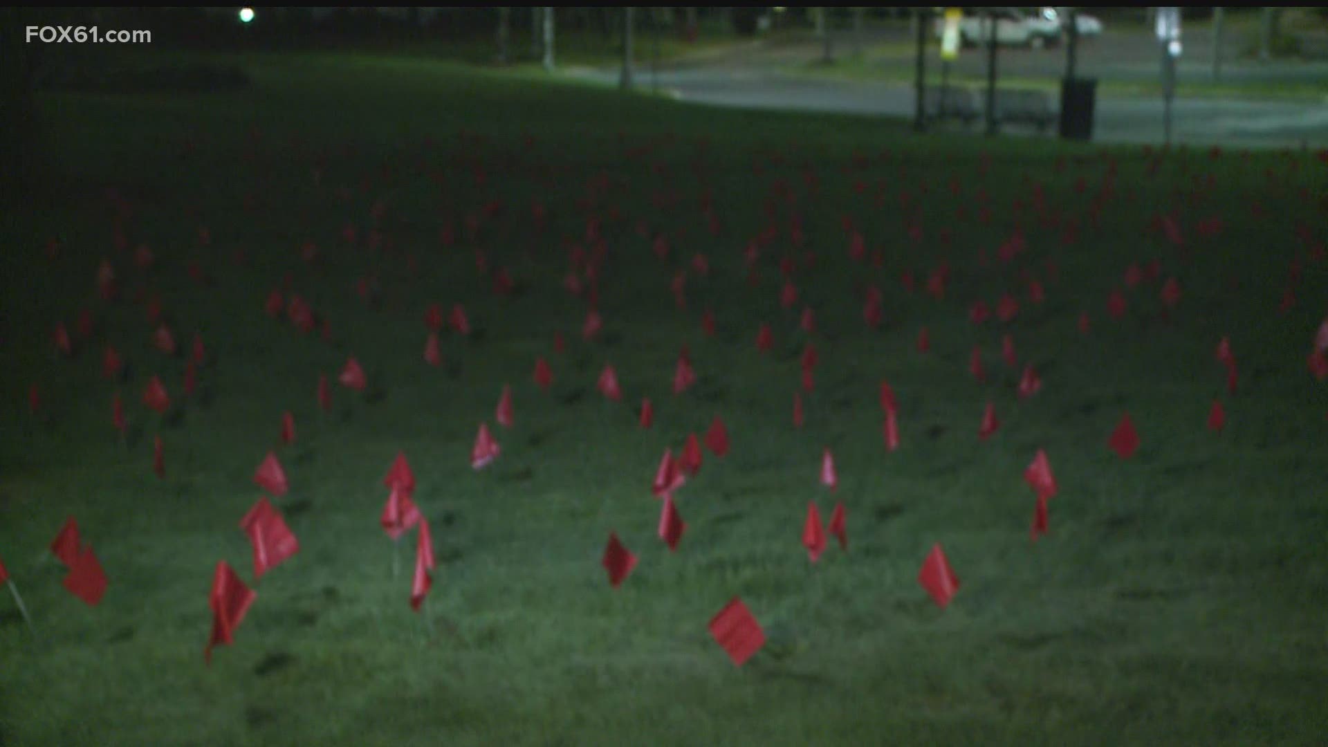 Student-athletes placed more than 1,300 flags on the green as they rallied to try to keep the athletic program as Division I.