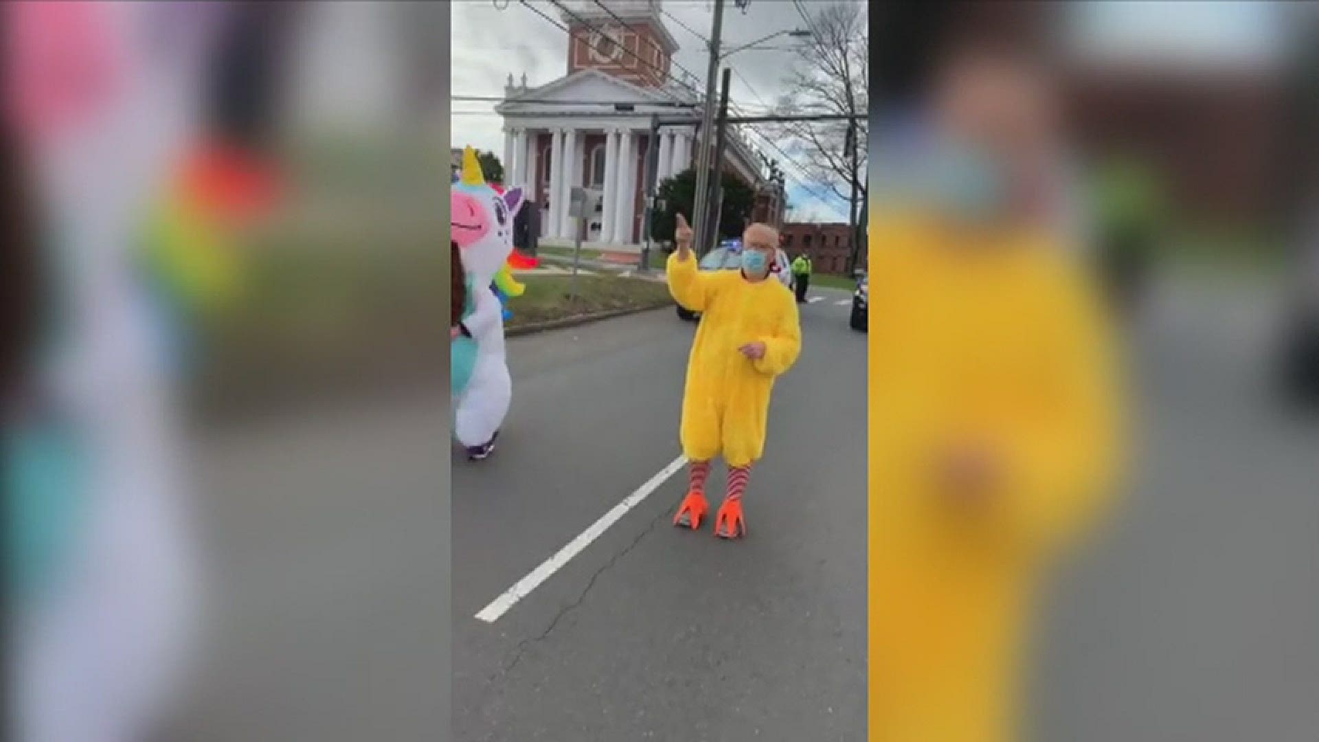 Mayor races in chicken costume against unicorn for a good cause