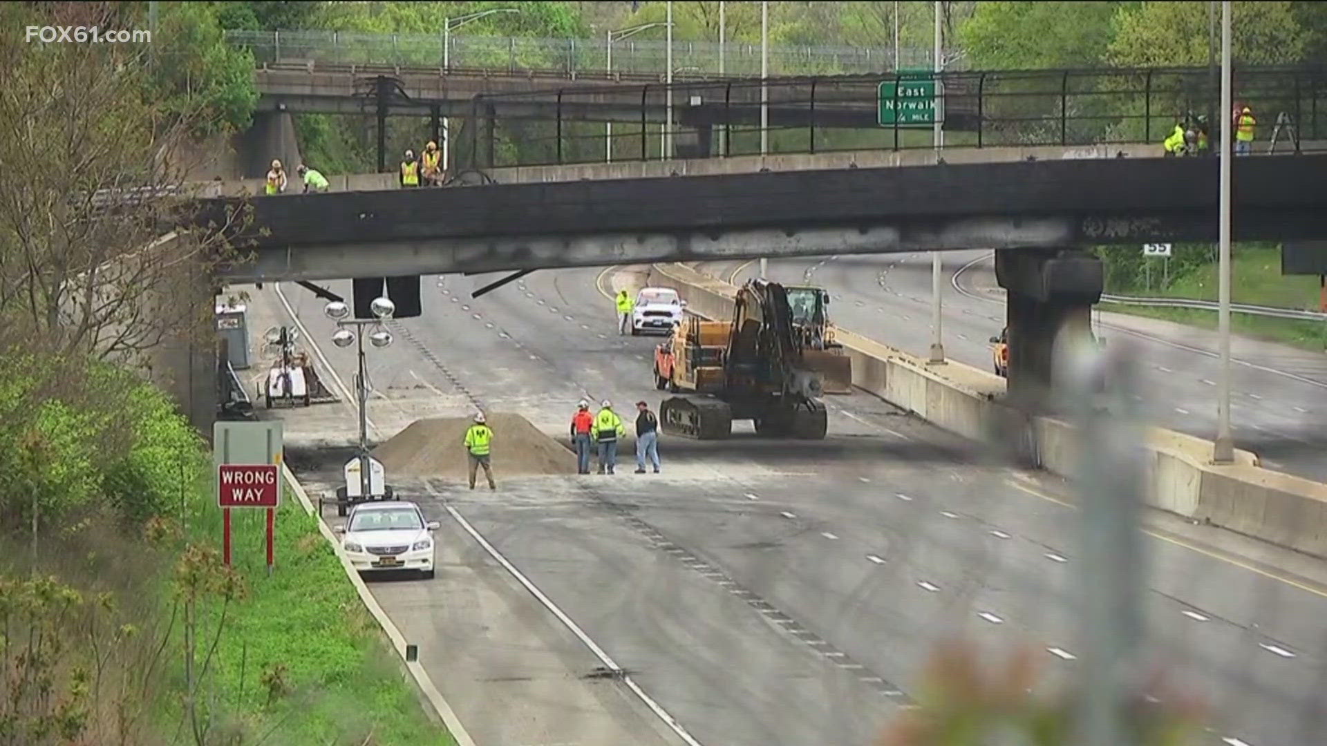 While crews work to demolish the heavily damaged overpass, both sides of I-95 will be closed in Norwalk.