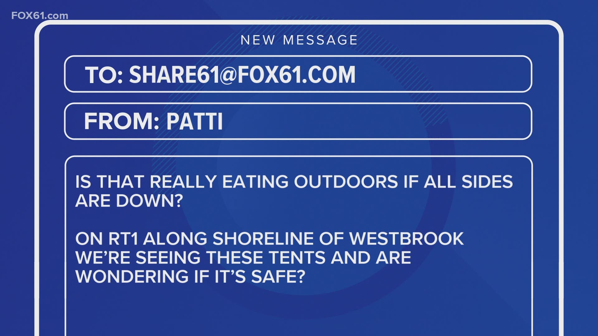 “Is that really eating outdoors if all sides are down?  On Rt1 along shoreline of Westbrook we’re seeing these tents and are wondering if it’s safe?”