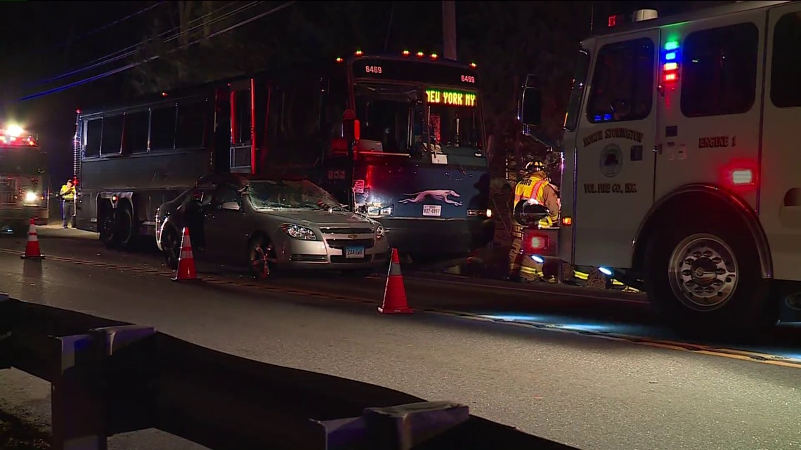 Tour bus and car accident on Route 2 in North Stonington near casinos