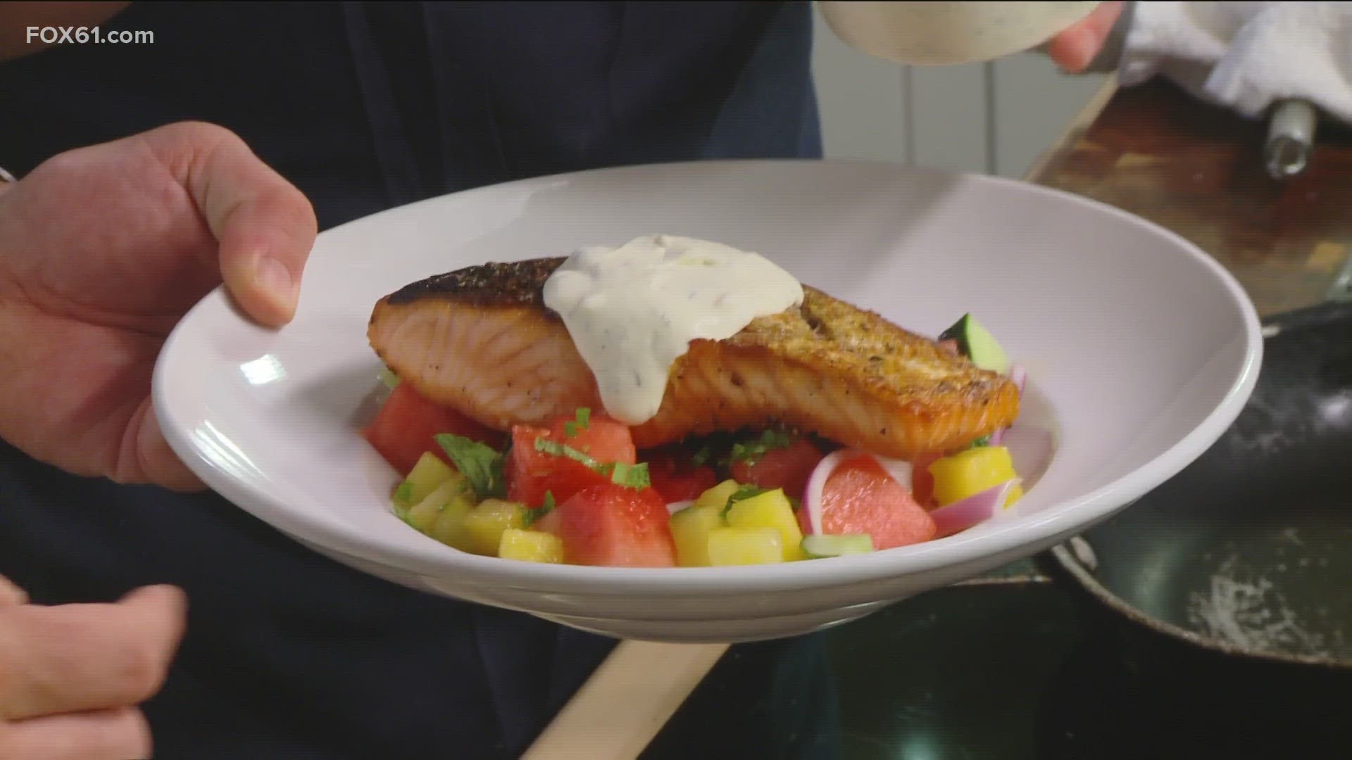 Executive Chef of Feng Chophouse, Kevin Herring, shows us how to make a delicious salmon salad with yuzu creme fraiche to top it!