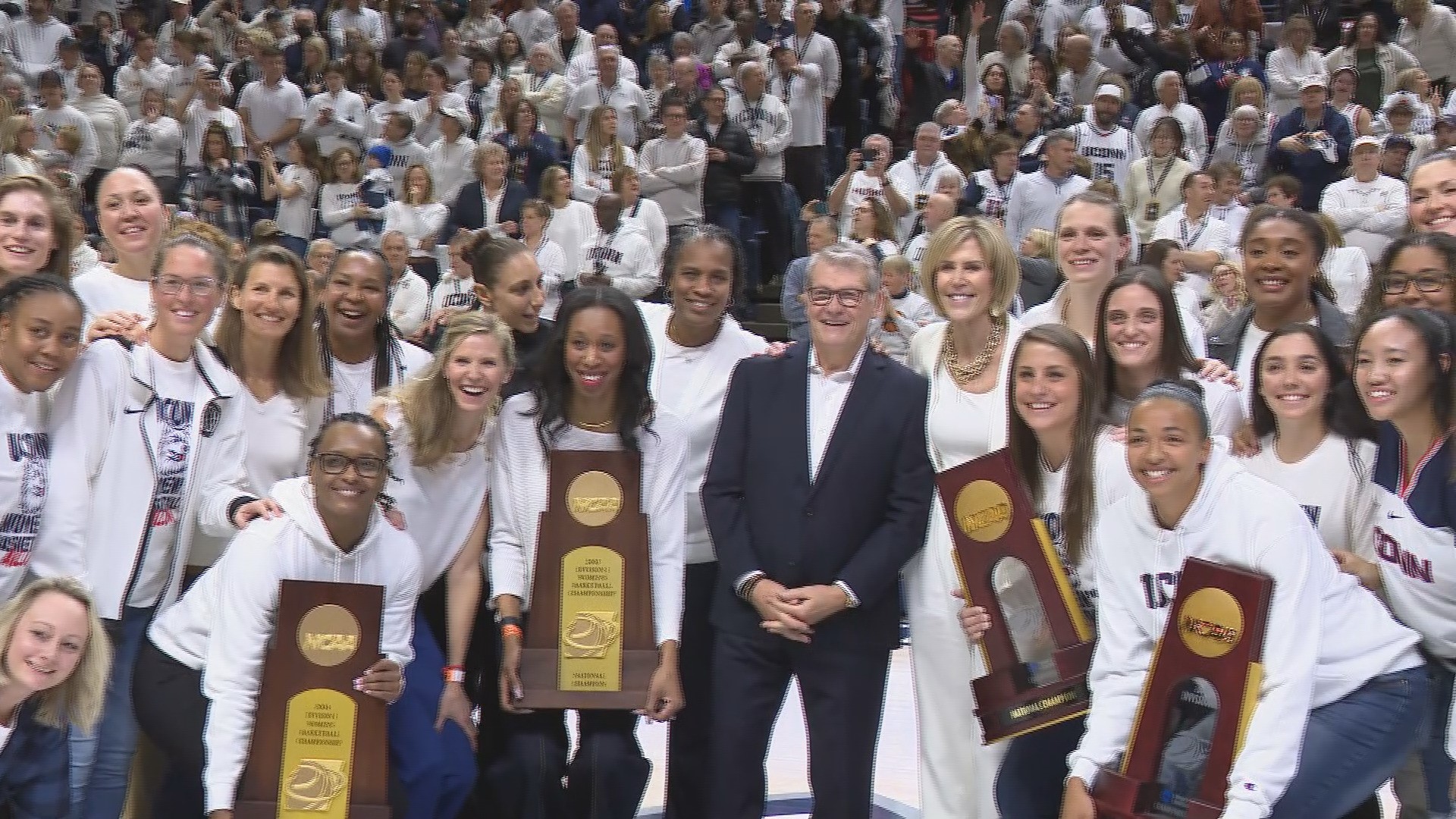 UConn championship teams '03, '04, '13, '14 honored before the game. The Huskies suffer first loss since December 3.