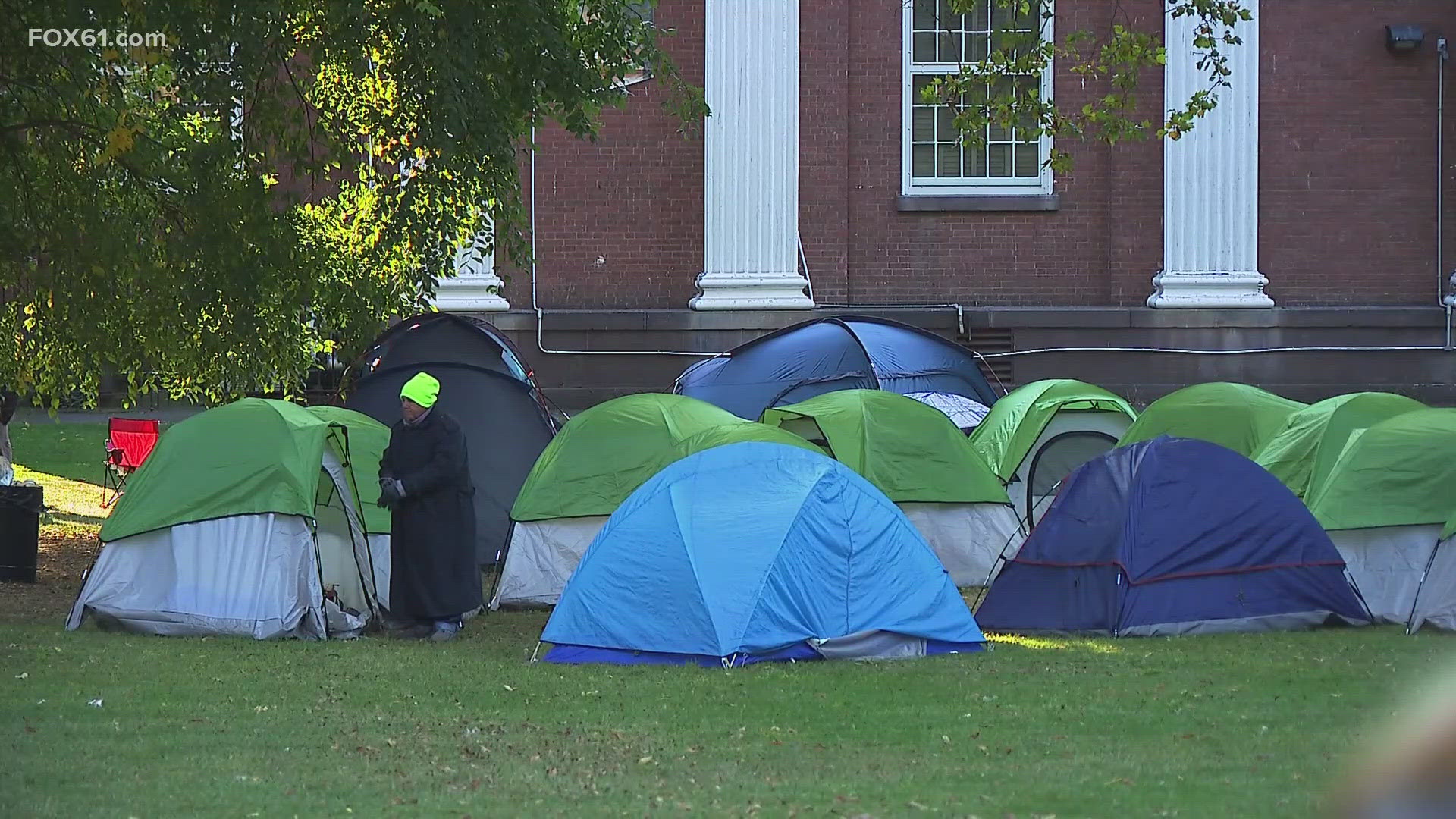 Protesters set up tents Wednesday night, calling for more housing options - especially for people who have nowhere to live.