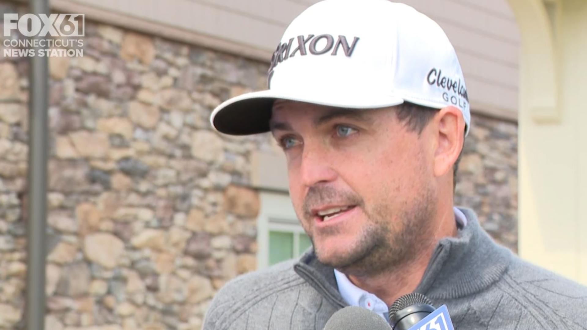 Keegan Bradley speaks to the press during 2024 Travelers Championship media day in Cromwell, Connecticut.